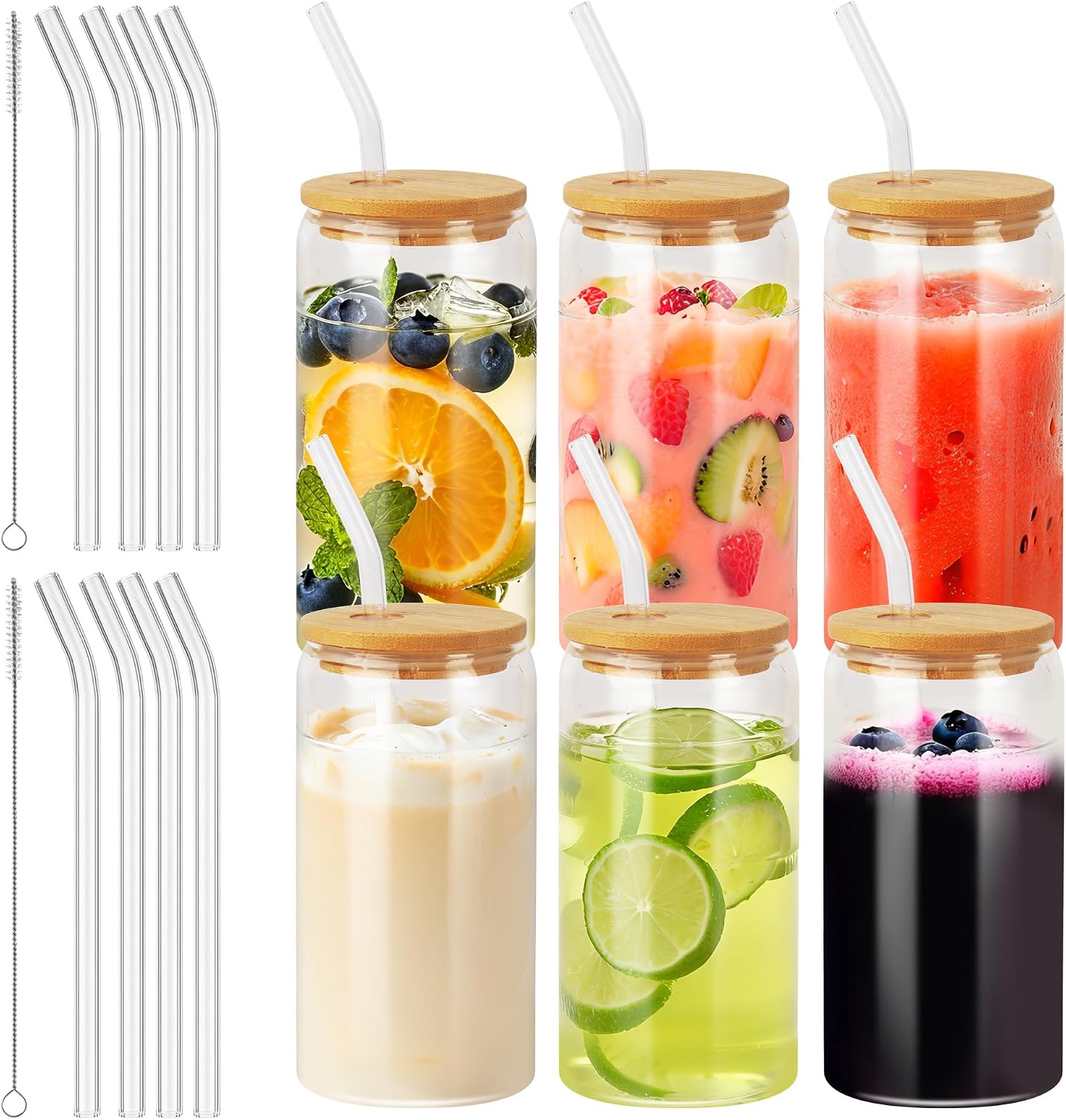 Glasdosen – 6 Stück – Glas Und Bambus – 500 Ml – Mit Deckel Und Strohhalm – Für Eiskaffee Und Cocktails
