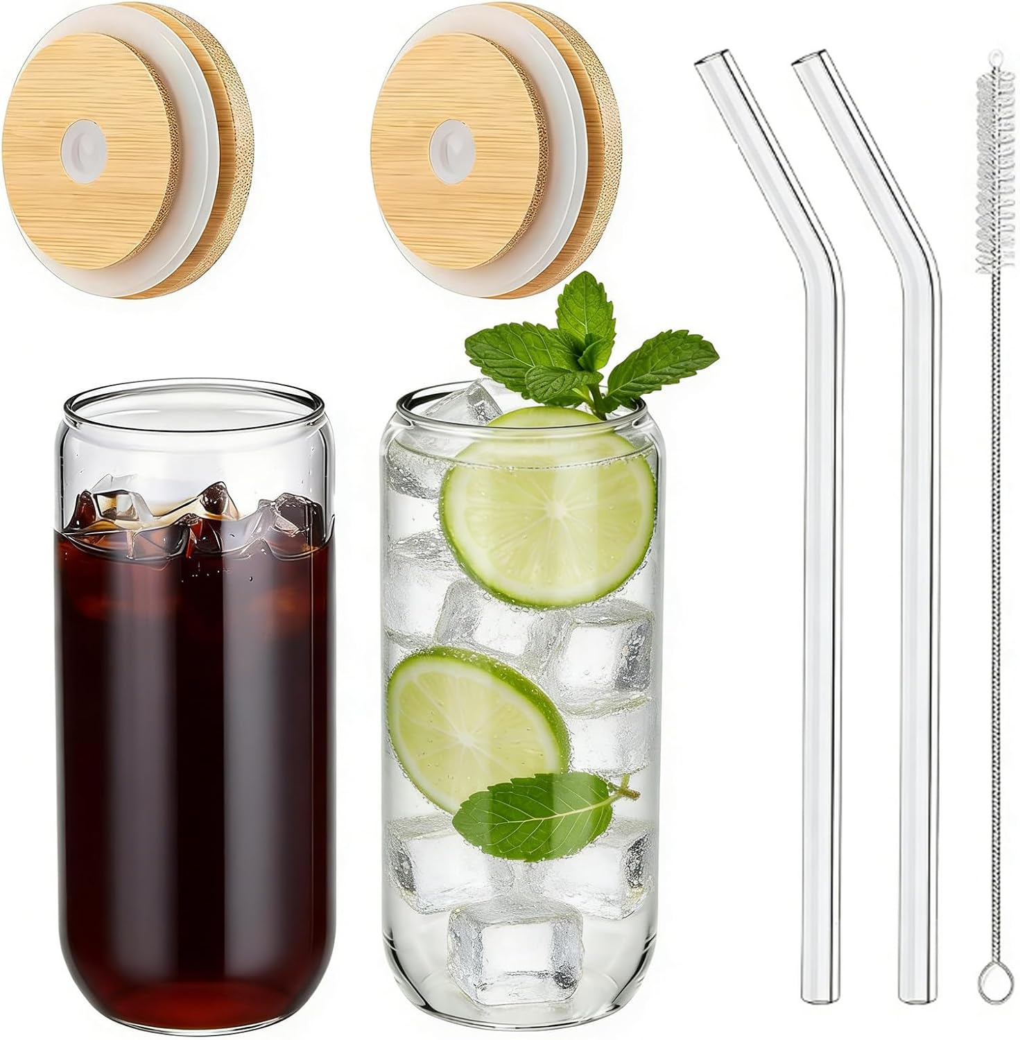 Gläser – 2er-set – Borosilikatglas – Mit Bambusdeckel Und Strohhalm – Für Eiskaffee, Cocktails Und Smoothies – 480 Ml