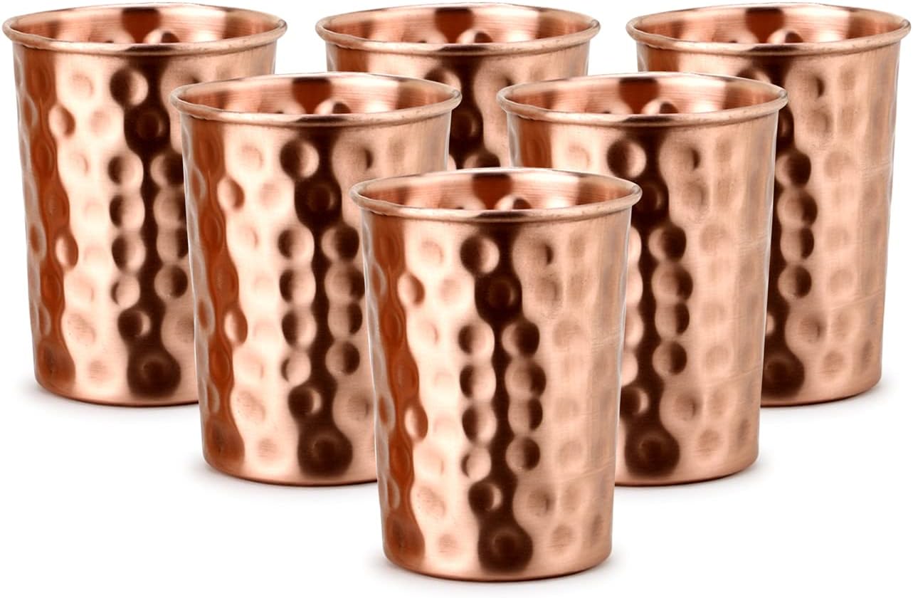 6er-set Gehämmertes Kupferglas – Reines Ayurveda-glas – 250 Ml Wasserbehälter – Tägliches Wohlbefinden
