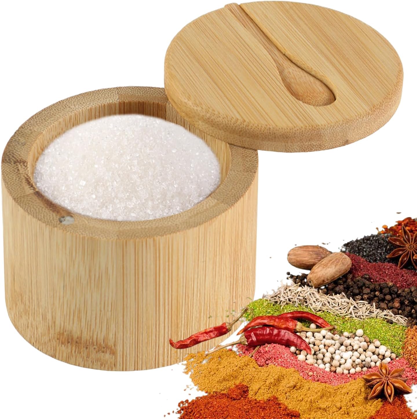 Salzstreuer Aus Bambus – 1 Stück – Natur – Magnetischer Drehdeckel – Für Küche Und Tisch – 9 X 9 X 7 Cm