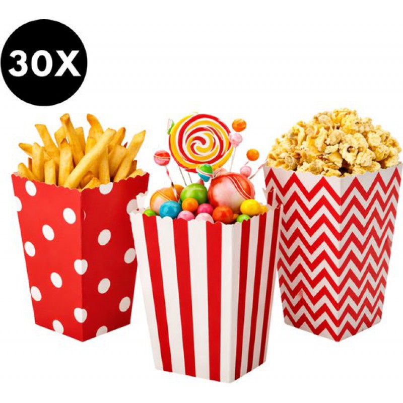 ® Popcorn-boxen – 15 Stück – Schachteln Für Süßigkeiten, Popcorn Und Snacks – 3 Verschiedene Designs – Karton – Papierboxen – 12 X 7,2 Cm – Rot/weiß