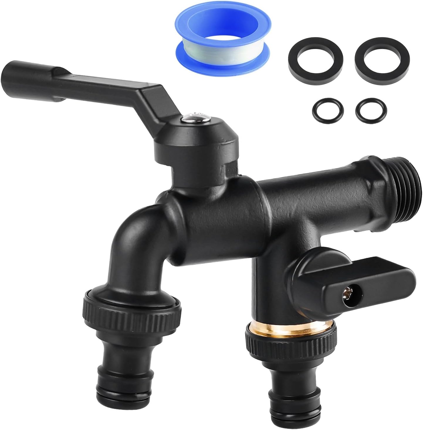 Doppelter Gartenwasserhahn Aus Messing, Frostsicher, Mit Zwei 3/4"-ausgängen Und Einer Dichtungsrolle, Für Regenwassertanks Im Garten.