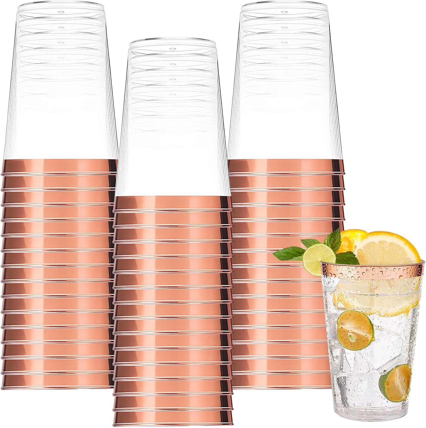 Set Mit 60 Wiederverwendbaren 300-ml-partybechern Aus Hartplastik Mit Roségoldenem Rand, Für Getränke, Cocktails, Geburtstage Und Hochzeiten