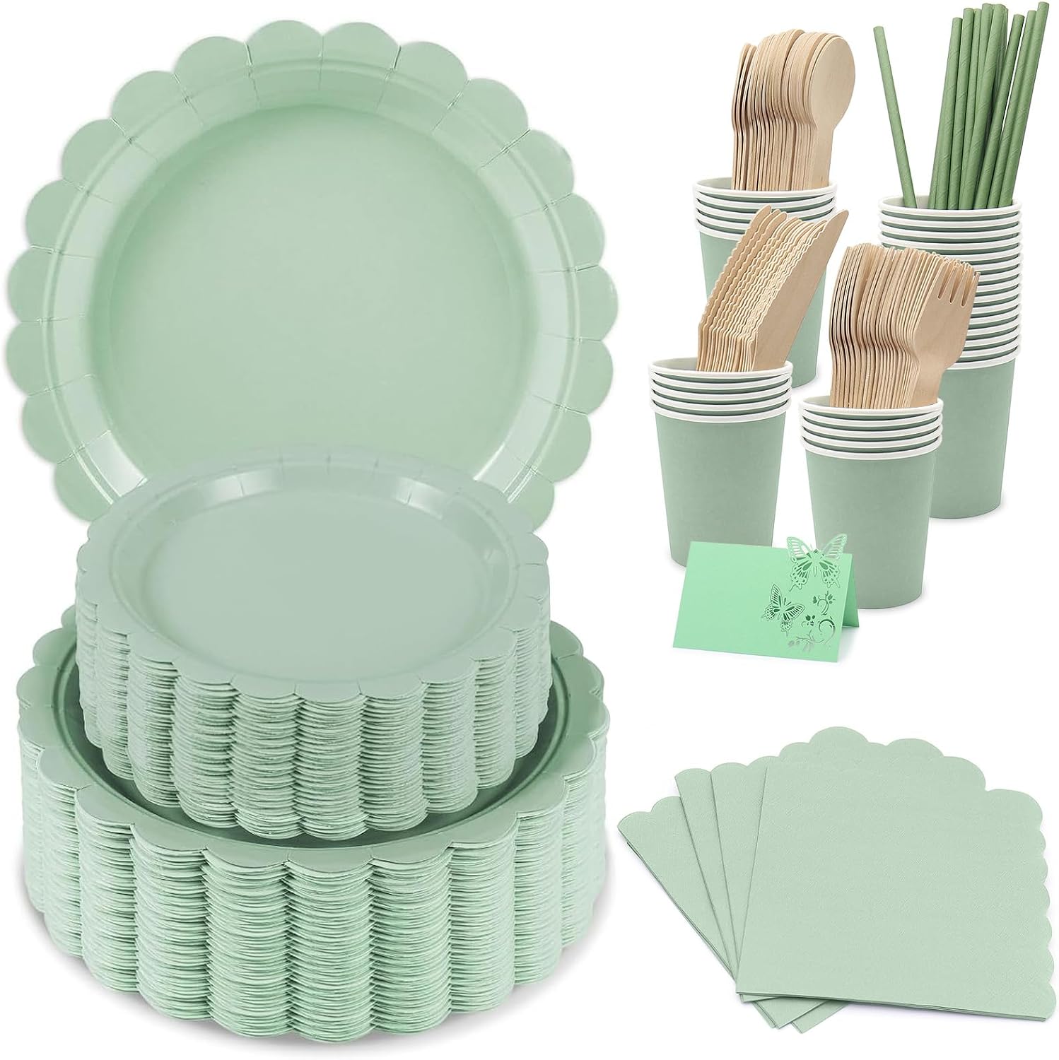 Festliches Geschirrset, Bestehend Aus Tellern, Bechern, Servietten Und Kompostierbaren Papierstrohhalmen, Einweg-picknickset (grasgrün: 25 Personen)
