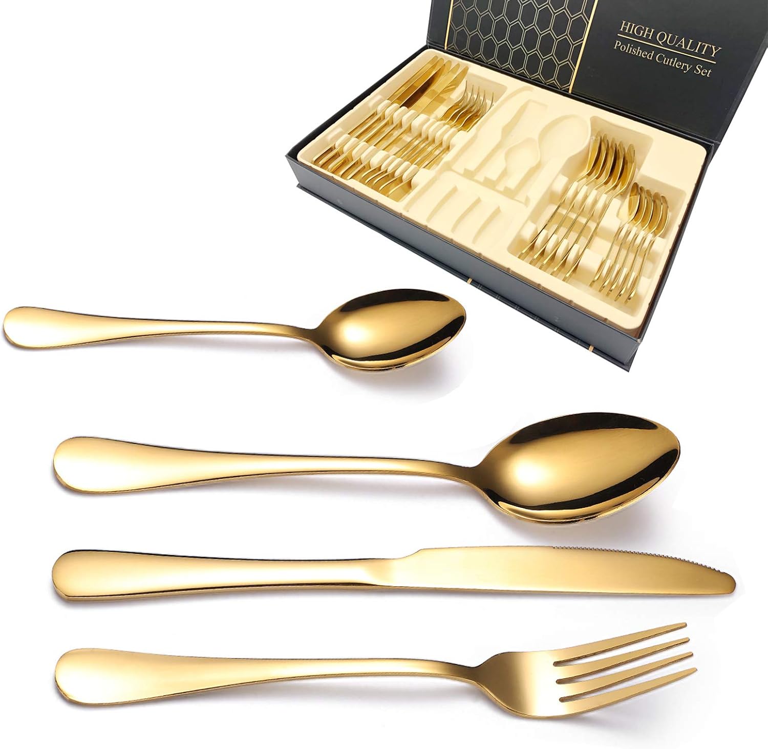 24-teiliges Goldfarbenes Edelstahl-besteckset Für 6 Personen, Modernes, Wiederverwendbares Besteckset Aus Goldfarbenem Edelstahl, Hochglanzpoliertes Design