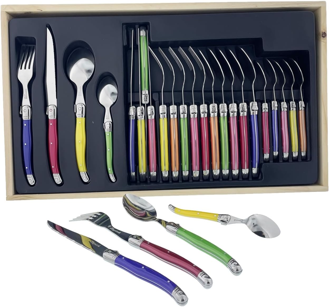- I7214p - Laguiole 24-teiliges Besteckset - 6 Messer, 6 Gabeln, 6 Suppenlöffel, 6 Teelöffel - Klingen Aus Edelstahl - Griffe Aus Pastellfarbenem Abs - Elegante Holzbox