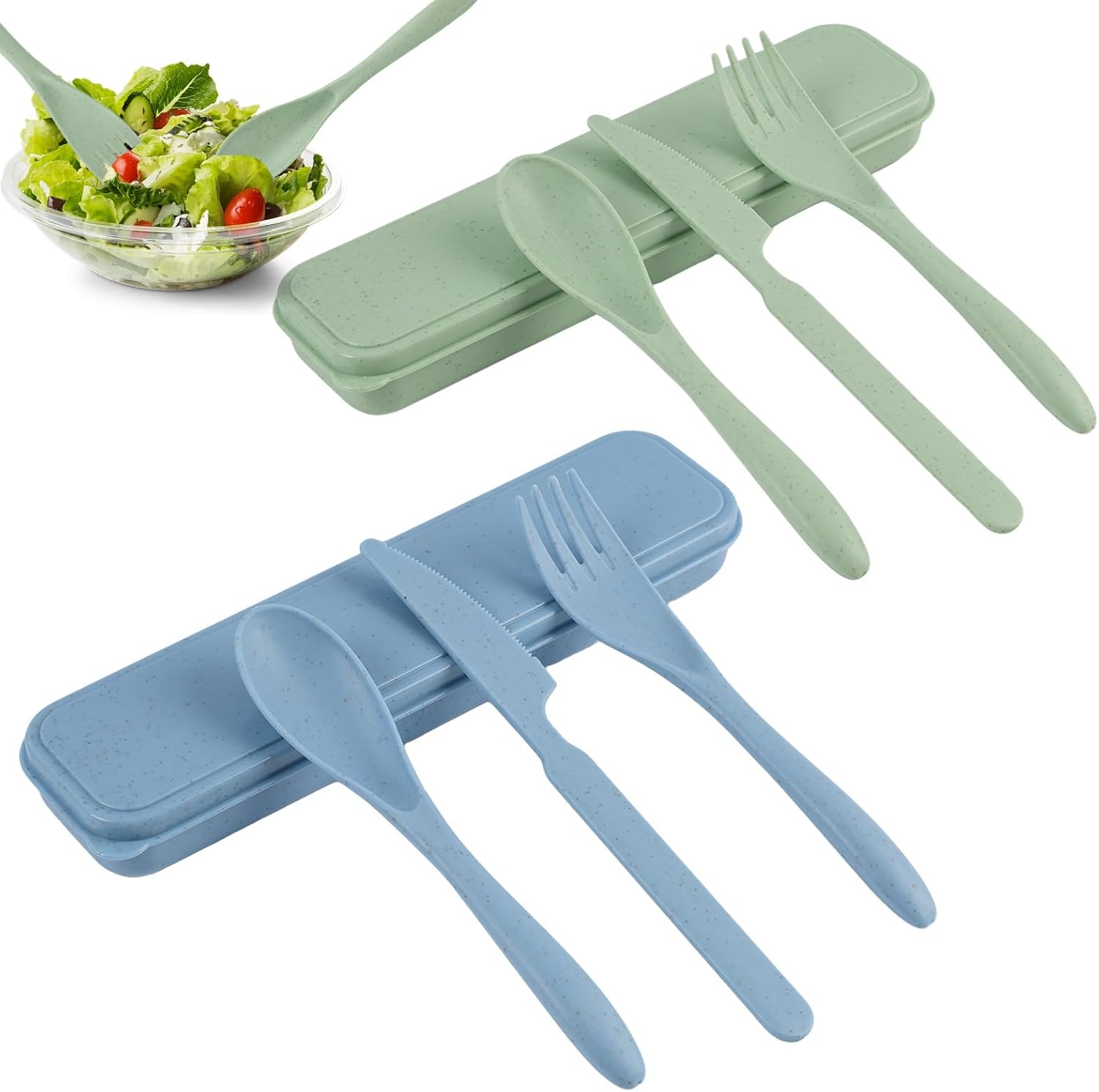 2er-set Reisebesteck Aus Kunststoff, Campingbesteck Mit Gabel, Messer, Löffel, Aufbewahrungsbox, Wiederverwendbares Besteck Für Picknicks, Büro Und Schule – Blau & Grün