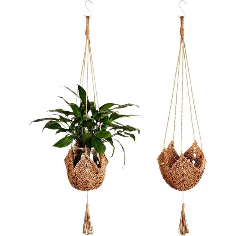 Pflanzenampel Aus Jute – Makramee-pflanzenampel – Handgehäkeltes Design – Verstellbare Seillänge – Naturmaterial Jute – 2er-set – Dekoration Für Drinnen Und Draußen
