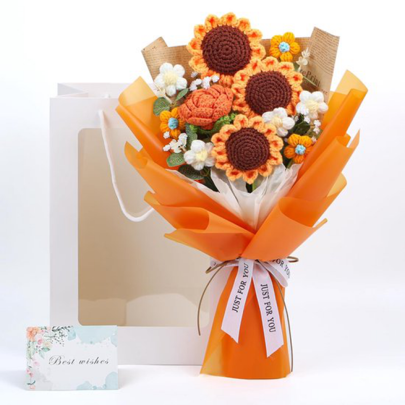 Handgehäkelter Blumenstrauß, Komplett Gehäkelter Blumenstrauß, Wohndekoration, Weihnachtsgeschenk, Künstliche Blume, Gewebte Sonnenblume, Elegant.