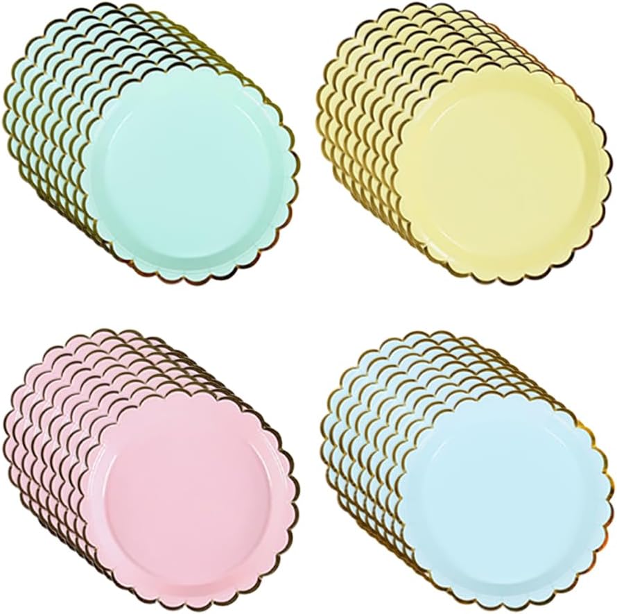 Set Mit 24 Pastellfarbenen, Gewellten Papptellern, 17,8 Cm Durchmesser – Goldrand – Bunte Runde Hochzeitsteller – Dekorative Teller Für Picknicks, Geburtstagsfeiern Und Babypartys