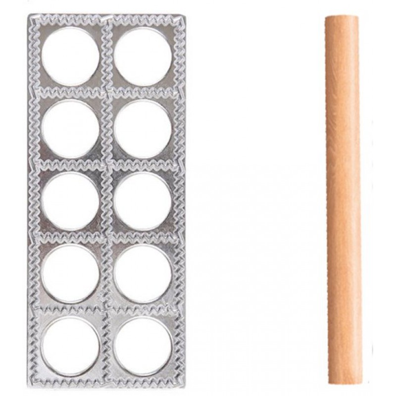 Ravioli-form – Teigtaschenform – Mit Nudelholz – Küchenutensil – Metall, Holz – 25,5 X 10,5 Cm – Silber Und Holzfarben – Ravioli-form – Hausgemachte Teigtaschen – 10-loch-teigtaschenform