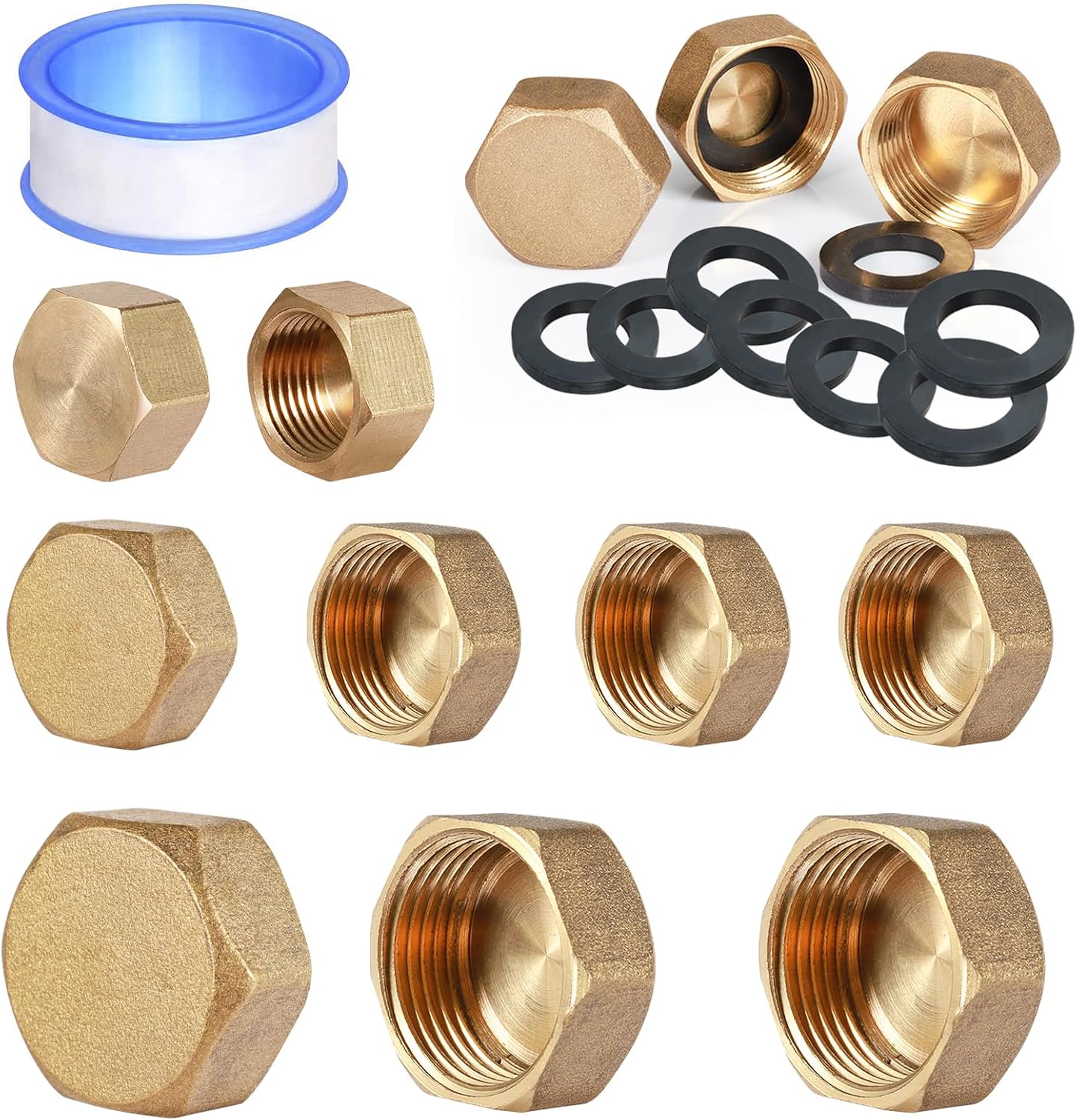 Messingstopfen, Messing-innengewindestopfen, 9 Messingkappen 1/2", 3/4", 3/8" Mit Dichtungsringen Und Dichtungsband, Geeignet Für Heizungs- Und Trinkwassersysteme