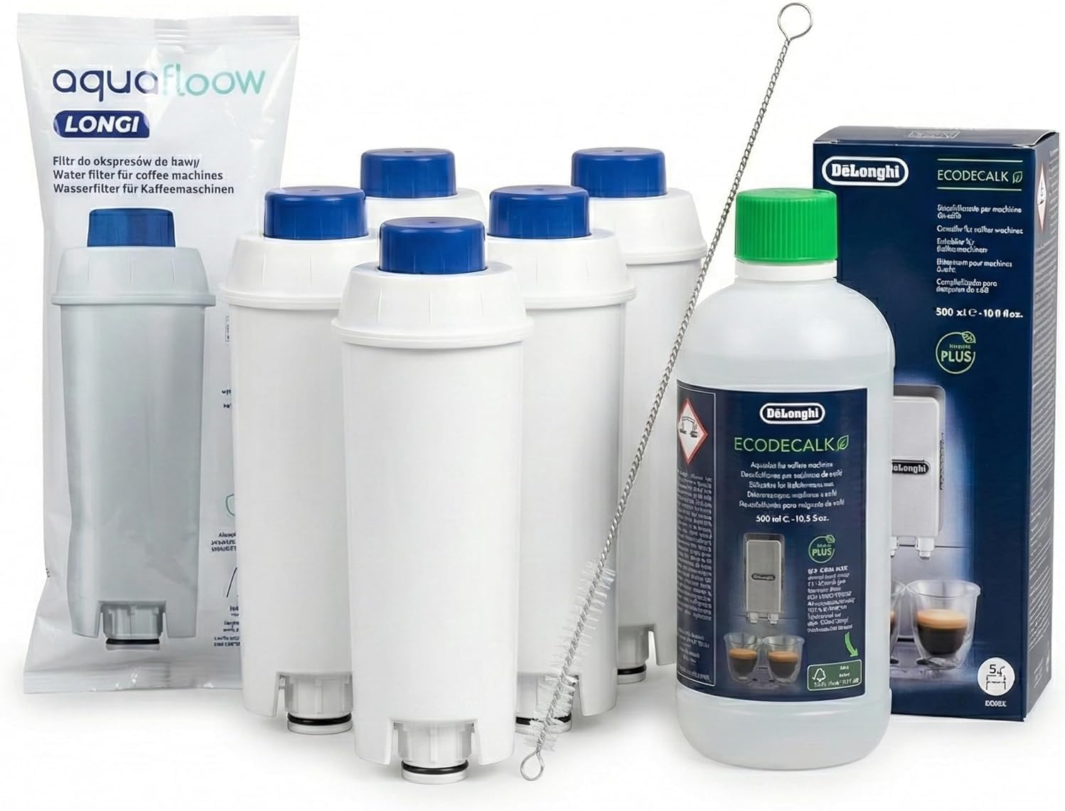 5x Wasserfilter Kompatibel Mit Delonghi Dlsc002 & Ecodecalk Entkalker (500 Ml) – Wartungsset Für Magnifica S, Evo, Dinamica Kaffeemaschinen – Mit Reinigungsbürste