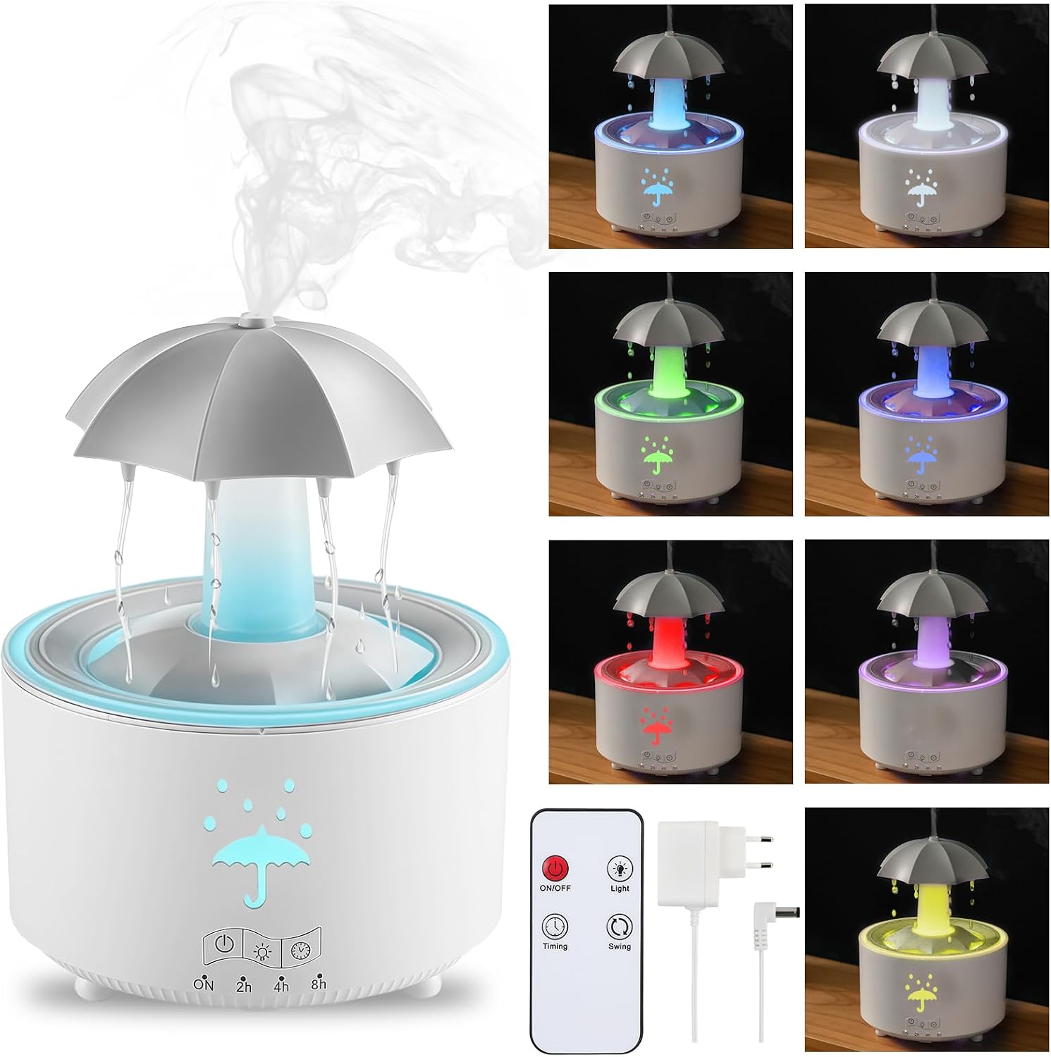 Regenschirm-luftbefeuchter: 300 Ml Rotierender Luftbefeuchter Mit Fernbedienung, 7-farbiger Led-aromatherapie-tropfdiffusor Für Schlaf- Und Wohnzimmer