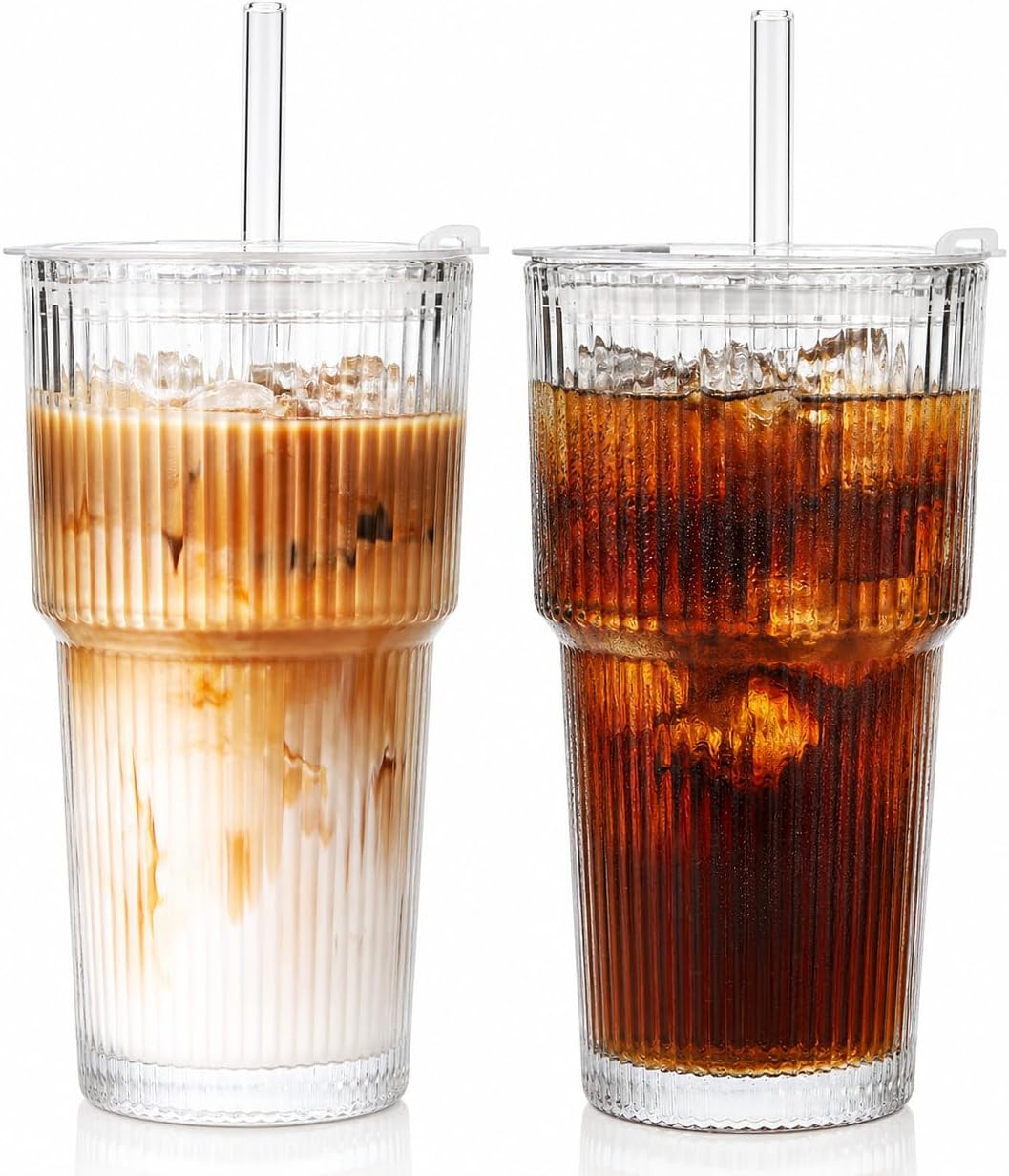 Set Aus 2 Geriffelten 600-ml-glasbechern Mit Deckel Und Strohhalm, Geeignet Für Eiskaffee, Longdrinks Und Smoothies, Luftdicht Und Auslaufsicher, Ideal Für Kaffee