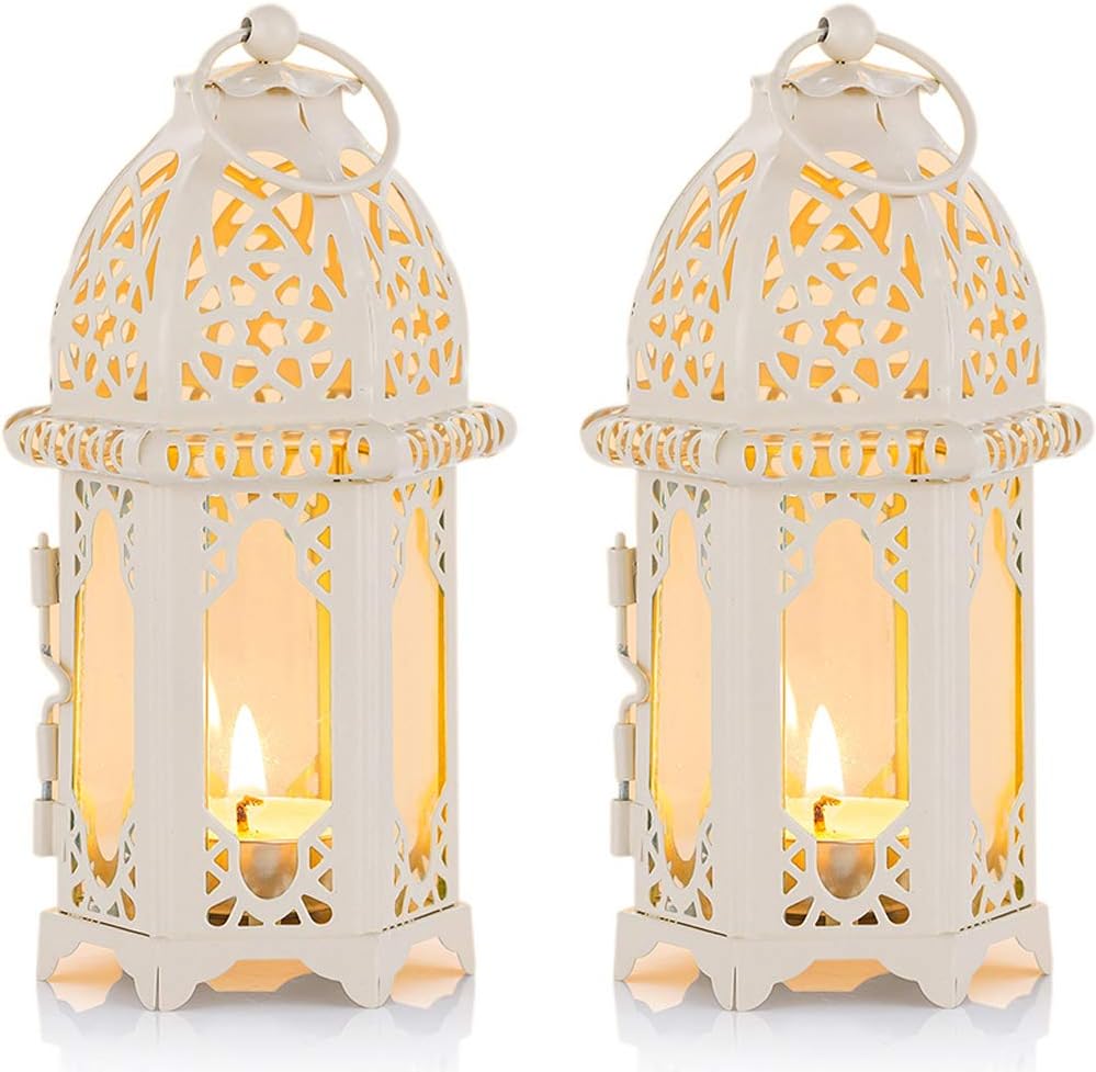 Jeiibrzui Ramadan-dekorationsset – Islamische Dekolaternen Für Eid Mubarak – 2 Weiße Kerzenhalter Aus Metall Und Glas – 7 X 7 X 16 Cm – Zum Aufhängen Oder Aufstellen Als Tischdekoration Für Partys Und