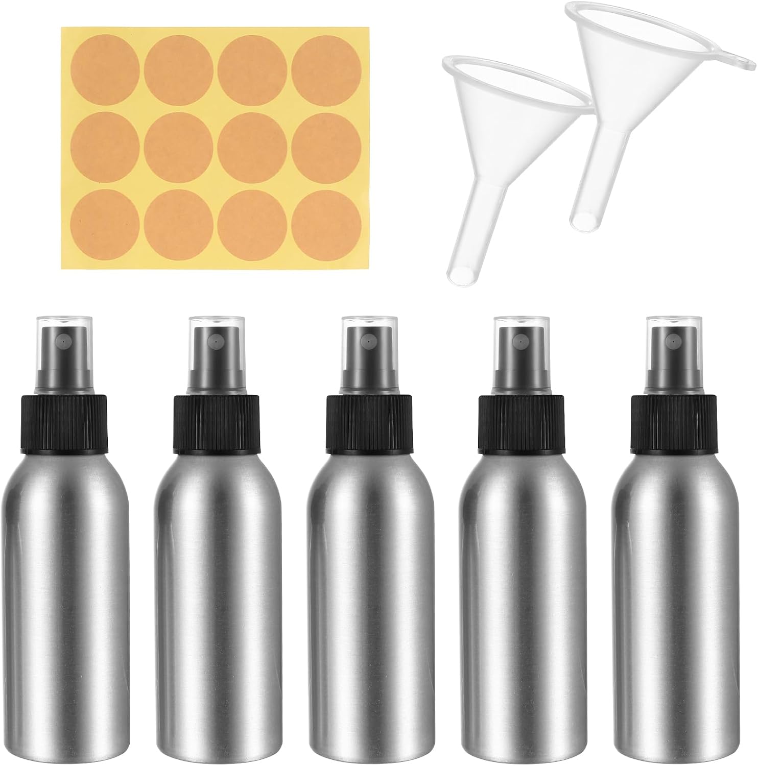 5-teiliges Set Leerer Sprühflaschen, 100-ml-aluminium-sprühflasche, Reise-pumpflasche Für Ätherische Öle, Flüssigkeiten Und Kosmetika, Mit 2 Trichtern Und 1 Aufkleber