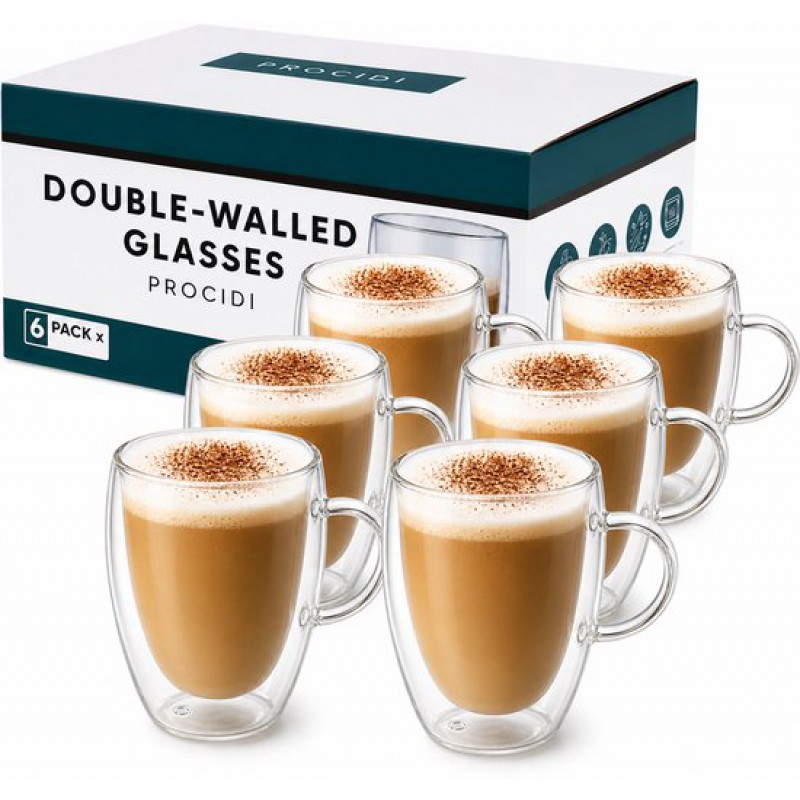 Doppelwandige Gläser Mit Henkeln – Kaffee- Und Teegläser – 350 Ml – Spülmaschinenfest Und Handgefertigt – Kaffeetassen – 6er-set – Cappuccino- Und Espressotassen – Doppelwandiges Borosilikatglas