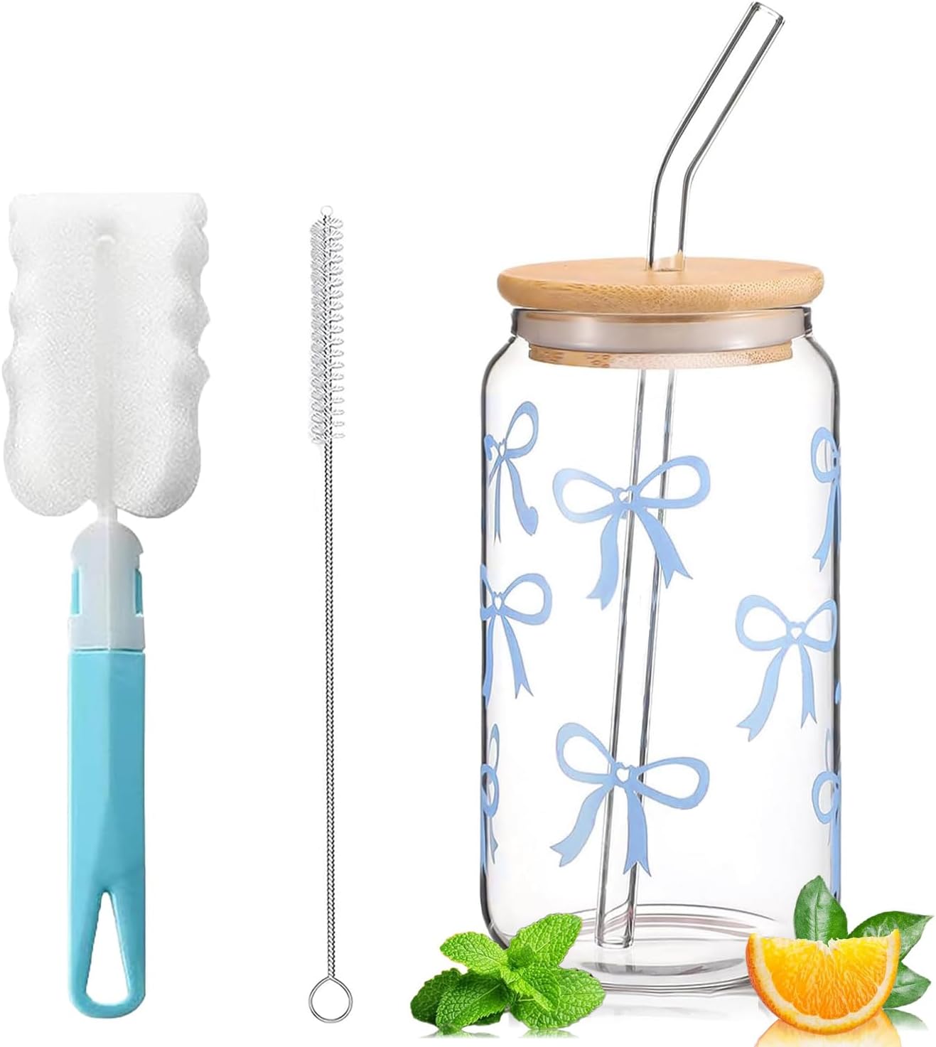 Bubble-tea-glas Mit Strohhalm Und Deckel – Eistee-glas – 400 Ml – Matcha-glas Mit Schleifendesign – Für Eiskaffee, Cocktails (blaue Schleife)