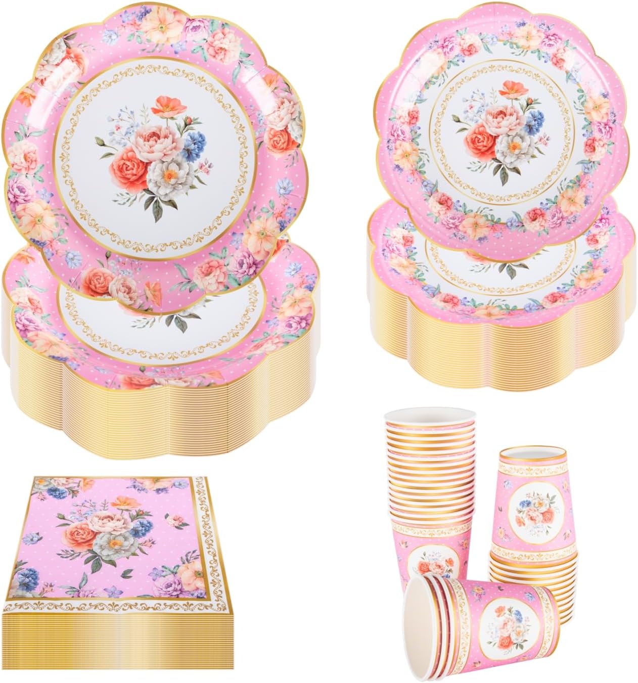 Vintage-geschirrset Für Eine Feier Mit 30 Gästen – Rosa Pappteller, Servietten Und Teetassen Mit Blumenmuster – Klassisches Britisches Pappgeschirr Für Den Nachmittagstee