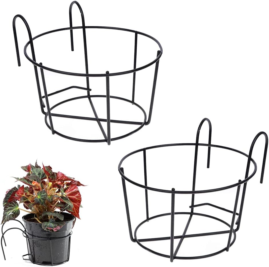 Runder Blumenhalter – 2 Stück – Rostfreies Eisen – Mit Aufhängehaken – Für Balkon, Garten, Zaun – Schwarz