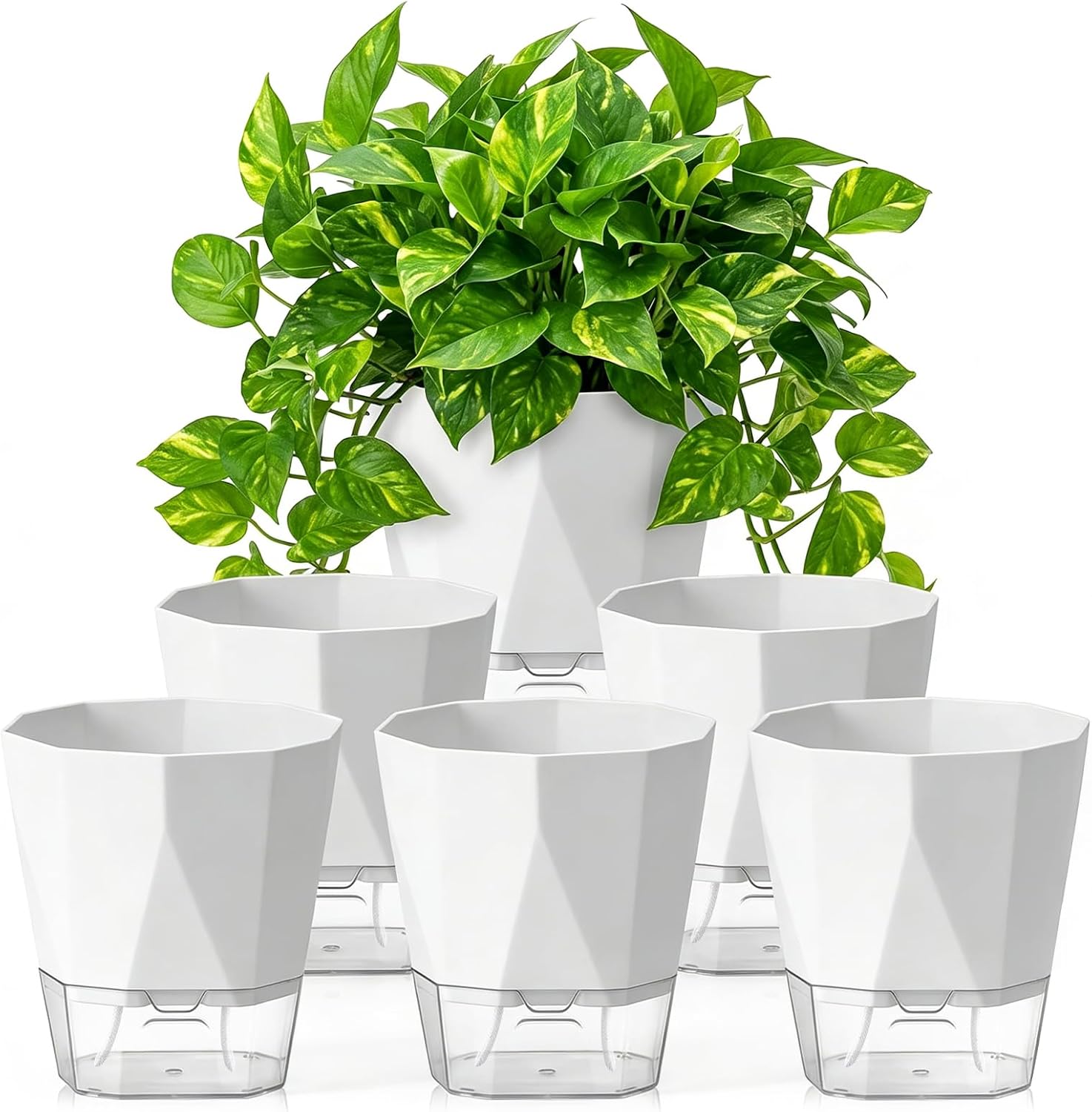 6er-set Blumentöpfe – Integrierter Wasserspeicher – Weißer Kunststoff – Selbstbewässerungssystem – Für Innenräume Und Balkone – 17 X 19 Cm