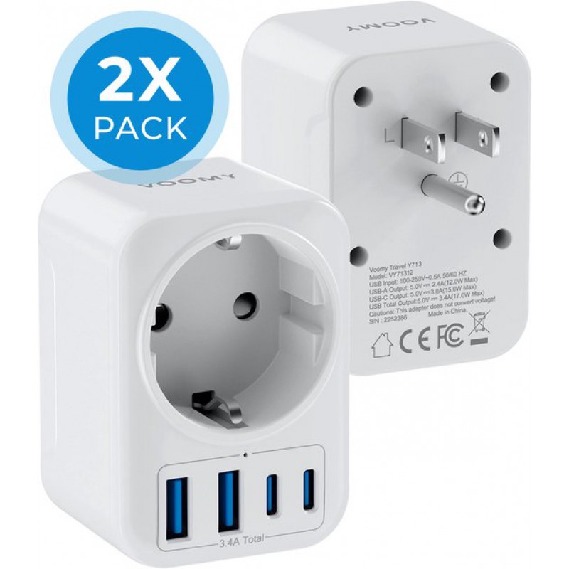 Reiseadapter Für Amerika/usa (2er-pack) – Mit 4 Usb-anschlüssen – Universal-typ-b-adapter – 2 Usb-c-anschlüsse Und 2 Usb-a-anschlüsse – Weiß