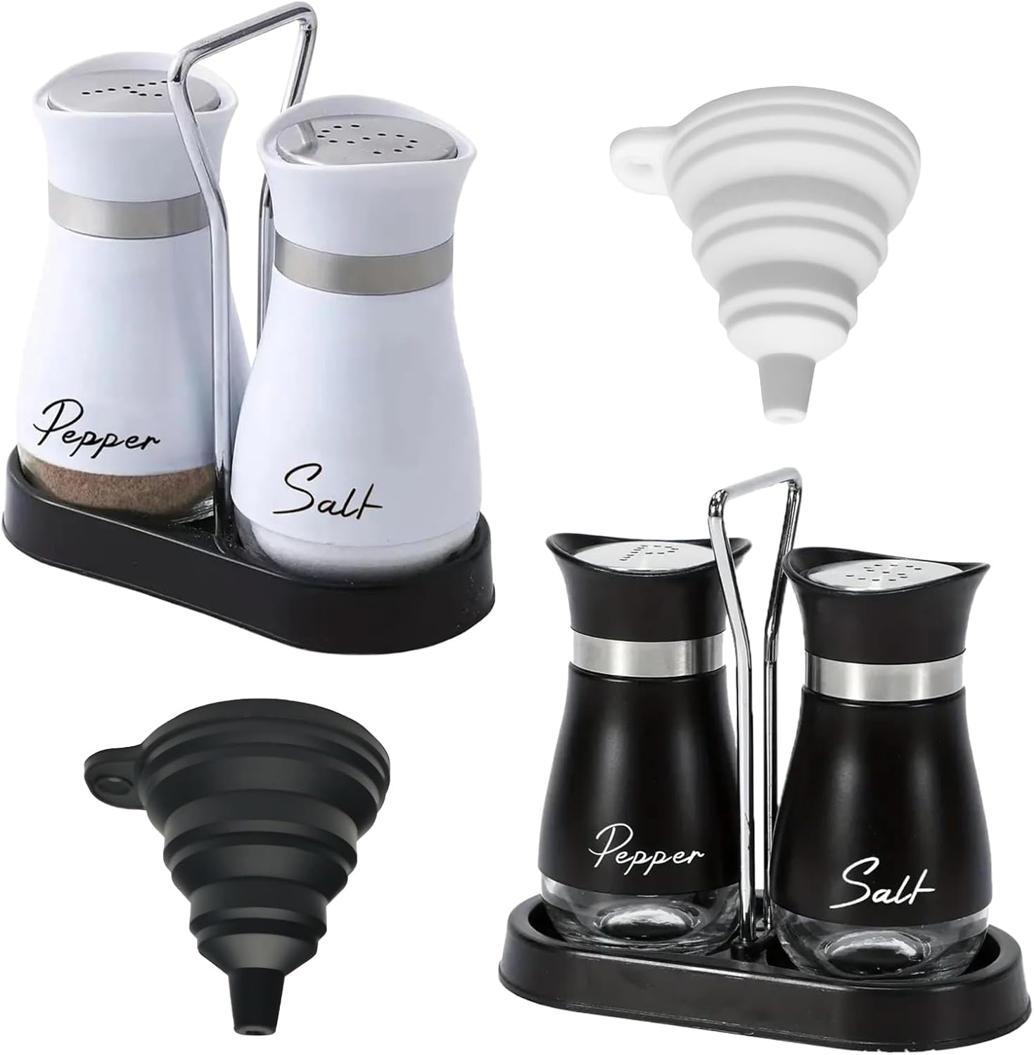 4-teiliges Salz- Und Pfefferstreuer-set Mit Ständer Und 2 Trichtern, Salz- Und Pfefferstreuer-set Aus Edelstahl Für Küche, Grill, Esstisch, Wohnmobil (schwarz Und Weiß)