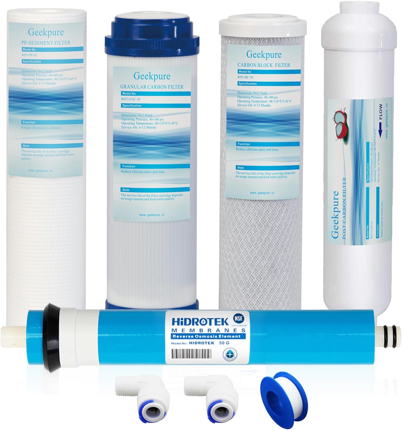 Universal-umkehrosmose-ersatzfilter (10 Zoll), 5 Ersatzfilter Mit Ro-membran (50 Gpd), Weiß
