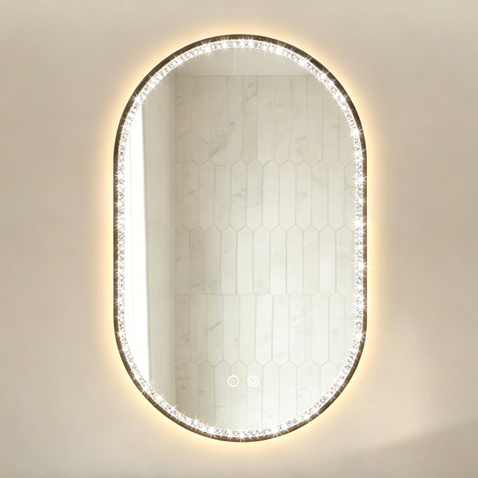 Badezimmerspiegel 50 X 80 Cm Oval Mit Led, Antibeschlag, 3 Lichtfarben, Dimmbar, Schwarz Okmyhome