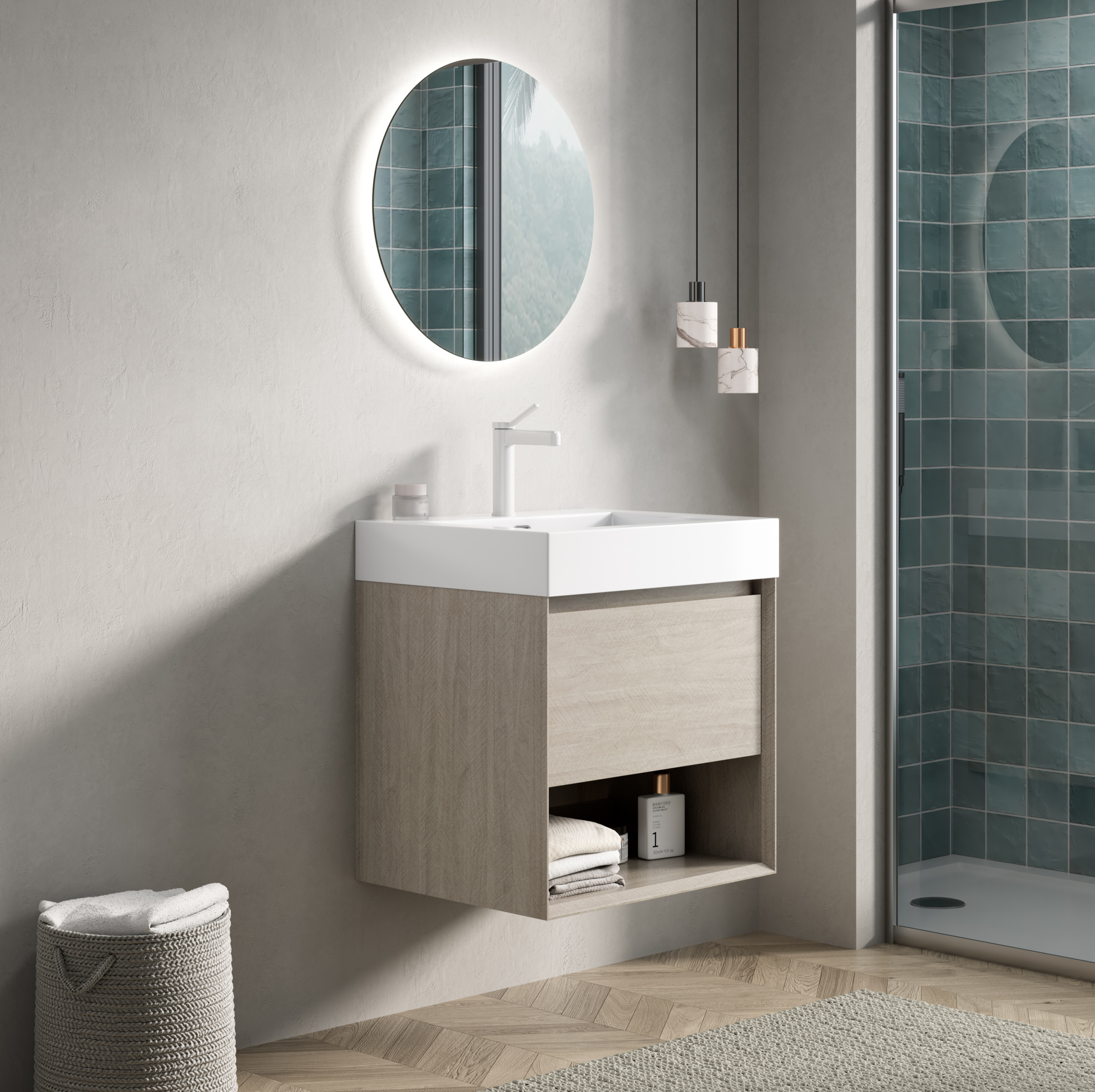 Hängender Waschtischunterschrank 55 Cm Mit Mineralgussbecken, Schublade, Eichenoptik