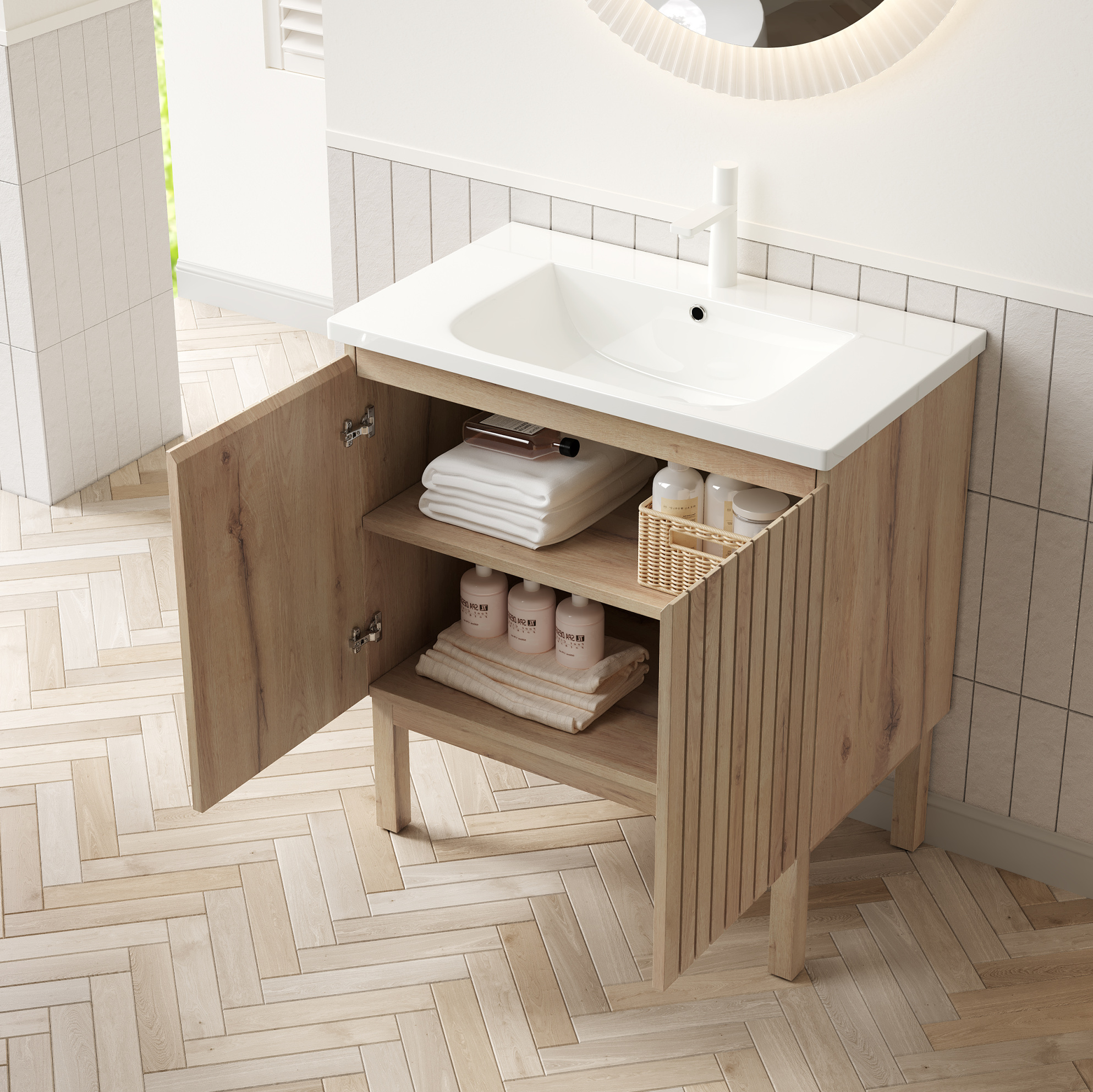 Badmöbel 80,5 Cm Mit Keramikwaschbecken, 2 Türen, Weiß-eiche, Okmyhome