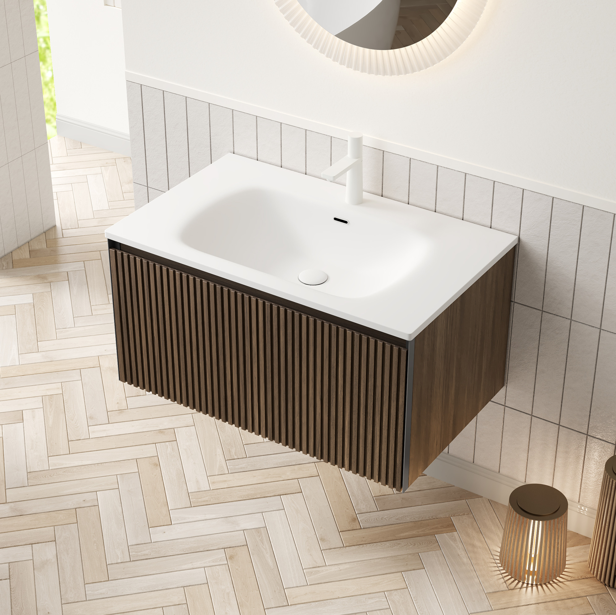 Hängender Badschrank 80 Cm Mit Integriertem Kunstharz-waschbecken Und Schublade, Braun-eiche