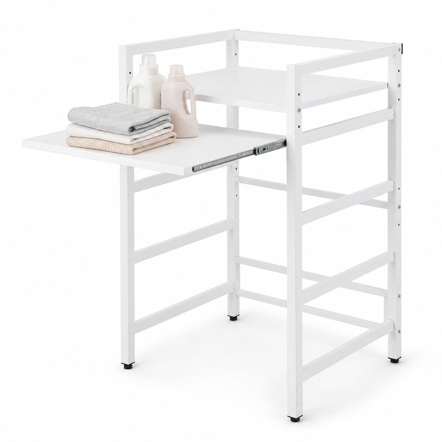 Randaco Waschmaschinenregal Für Trockner, Metallregal Mit Ausziehbarem Zwischenboden, Obere Ablage Bis 300 Kg, Badezimmer, 3 Höhen 95/100/105 Cm, Weiß
