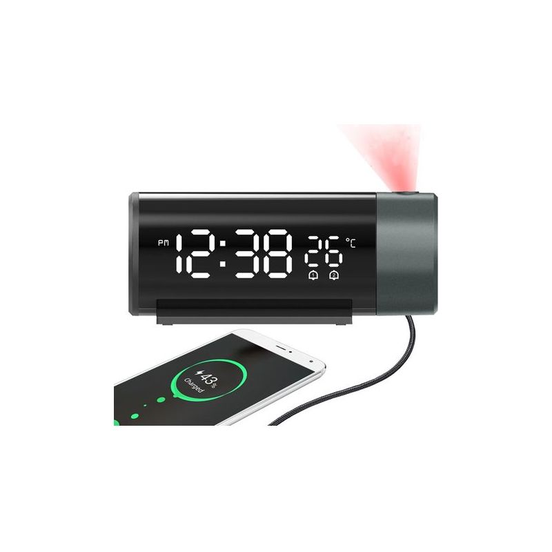 Réveil Numérique À Projection Avec Projecteur Rotatif À 180° Avec Port De Charge Usb, Double Alarme, Mode Semaine/week-end, Volume Réglable, Température Et Humidité 12/24 H Pour Chambre À