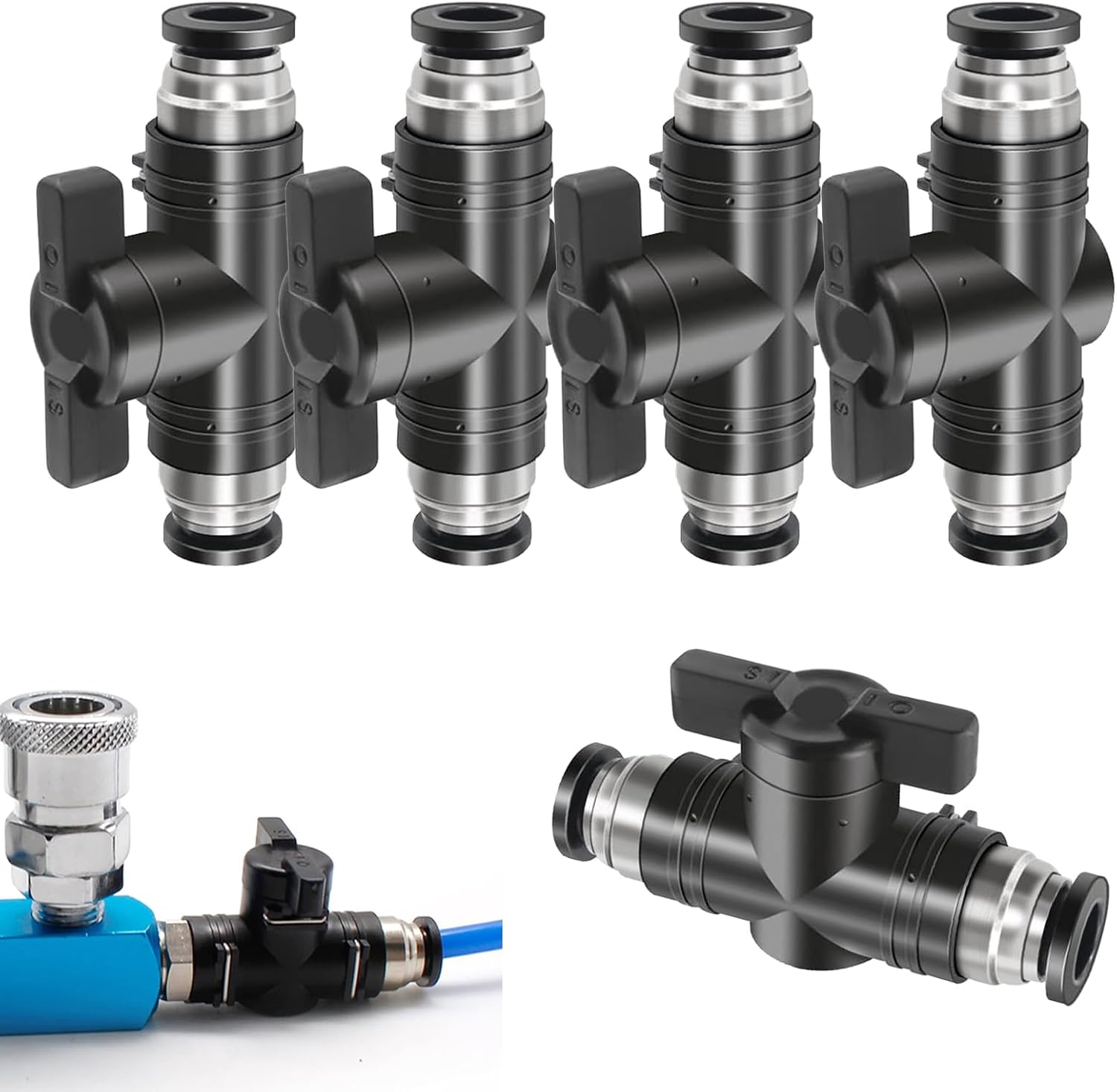Pneumatik-verschraubungen – 5 Stück – Vernickeltes Kupfer – 8-mm-kugelhahn – Luftmengenregelung – Schwarz