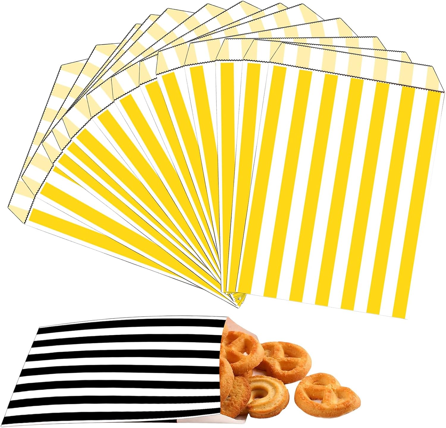 Kraftpapiertüten – 100 Stück – Gelb Gestreift – 12,7 X 17,8 Cm – Geschenkverpackung Für Süßigkeiten – Geburtstag, Weihnachten