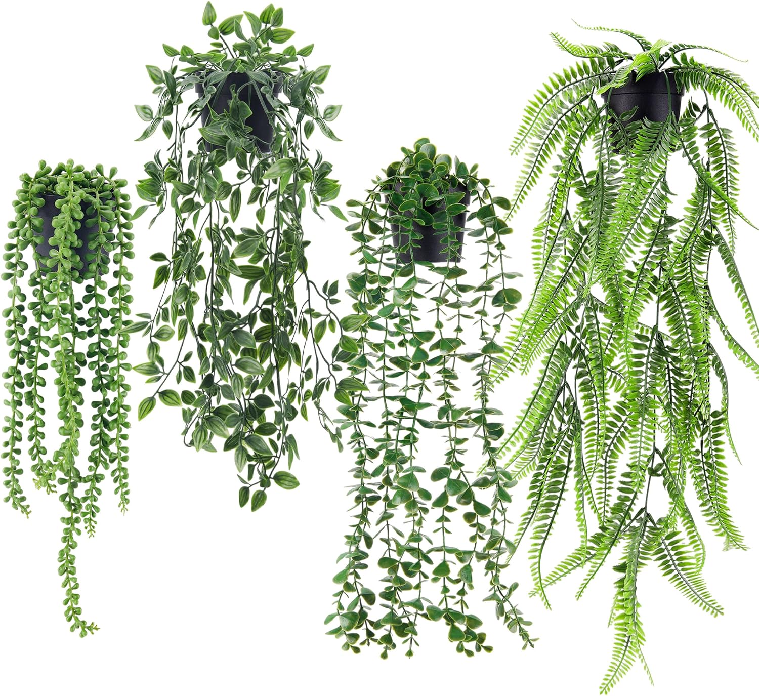 Set Mit 4 Künstlichen Hängepflanzen – Realistische Kunststoff-innendekoration – Eukalyptus Und Farn Für Regal Und Wand
