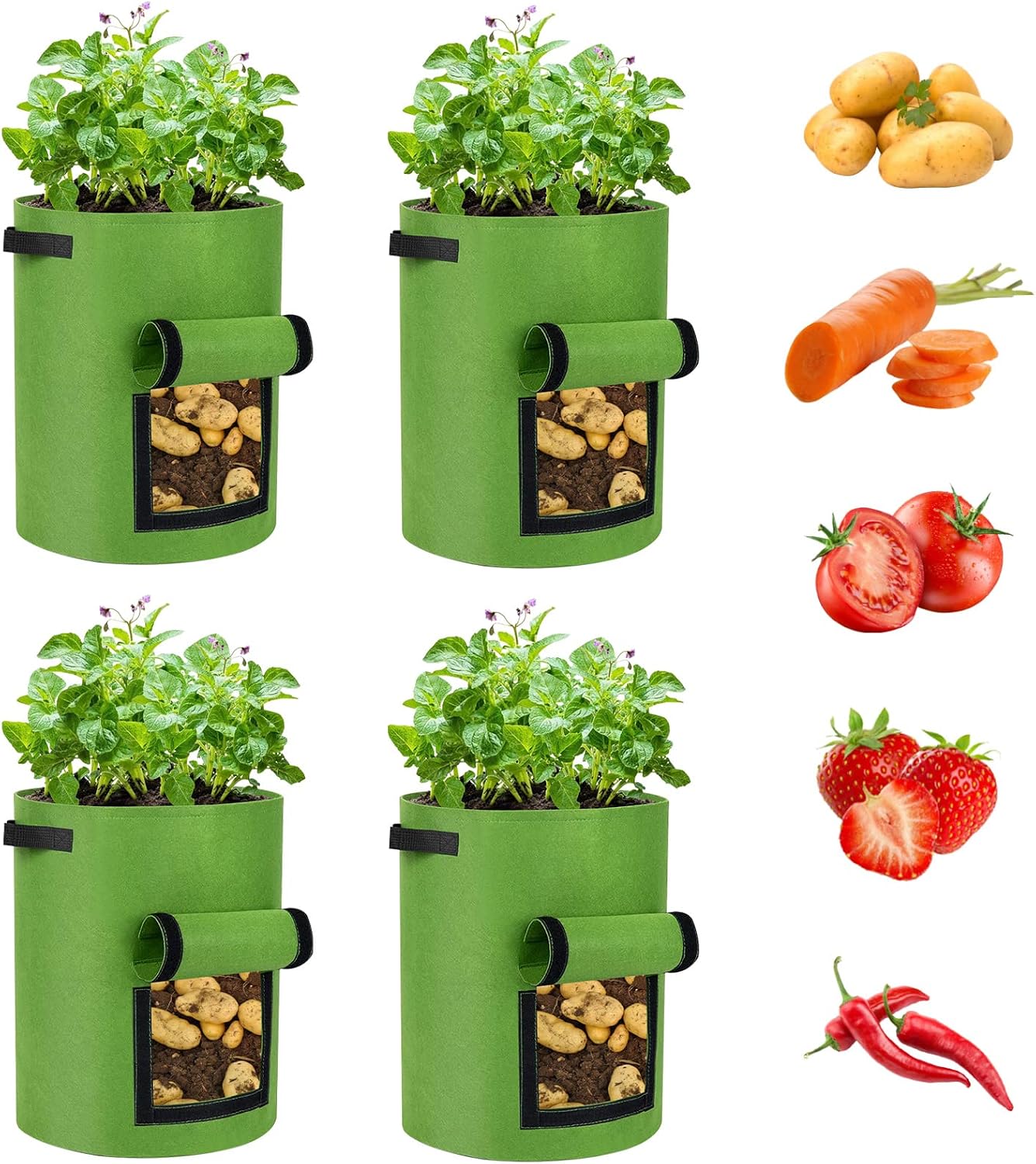 Pflanzsäcke – 4er-set – Vliesfilz – 38 L – Mit Sichtfenster – Für Kartoffeln Und Gemüse – 35 X 40 Cm
