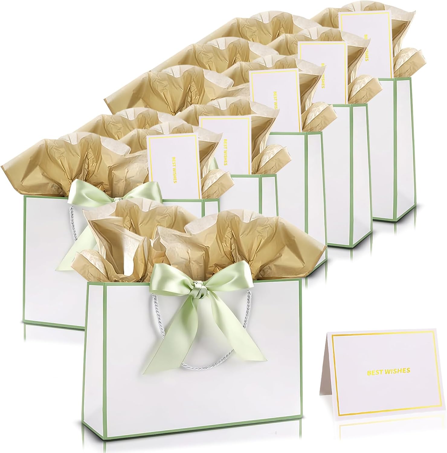 Geschenktüten Aus Papier – 6 Stück – Kraftpapier, Weiß Und Grün – Mit Henkel Und Schleife – Für Hochzeiten, Geburtstage Und Weihnachten – 28 X 10 X 20 Cm