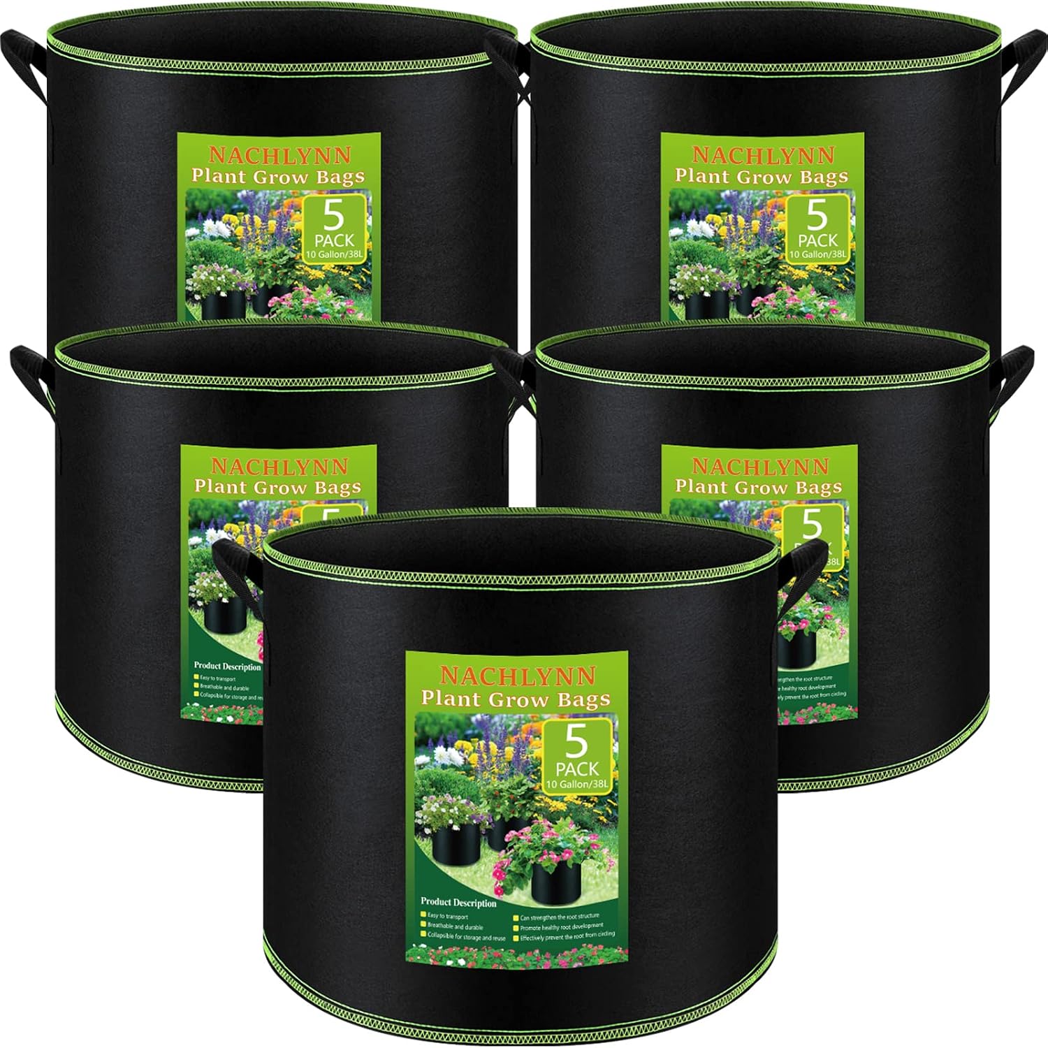 Pflanzsäcke – 5er-pack – Vliesstoff – Wurzelbelüftung – Für Drinnen Und Draußen – 10 Gallonen (ca. 38 Liter) Schwarz