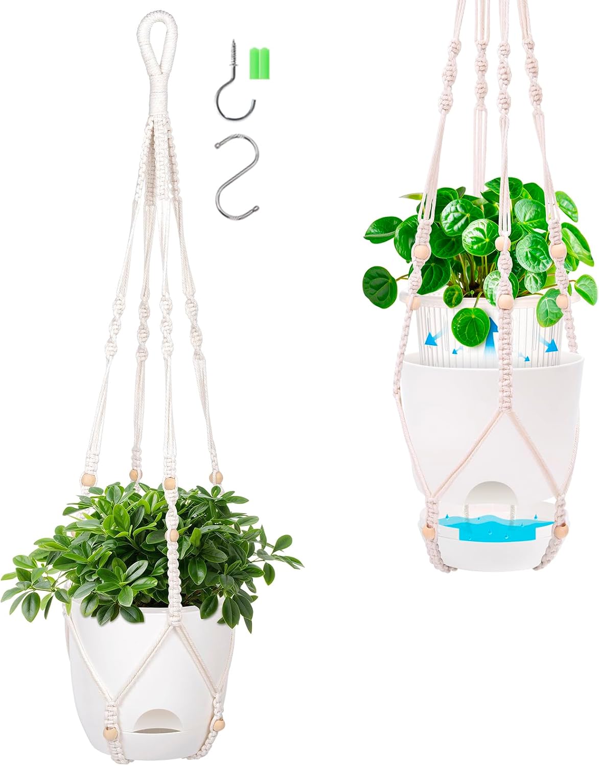 2er-set Hängeampeln – 14,5 Cm – Transparenter Kunststoff – Selbstbewässerungssystem – Für Drinnen Und Draußen – Mit Makramee-aufhängeschlaufe