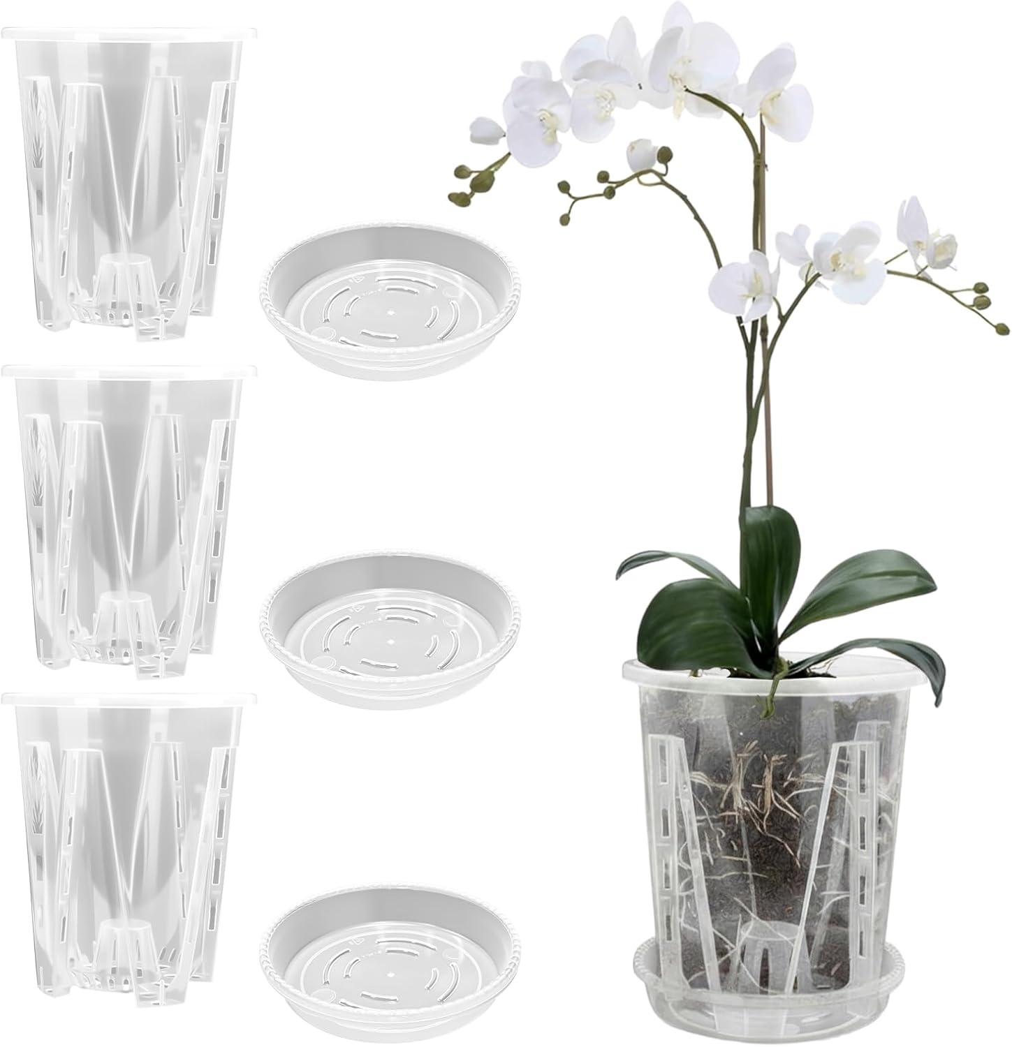 3er-set Orchideentöpfe – Transparenter Kunststoff – 14 Cm Mit Untersetzer – Abflusslöcher – Für Drinnen Und Draußen