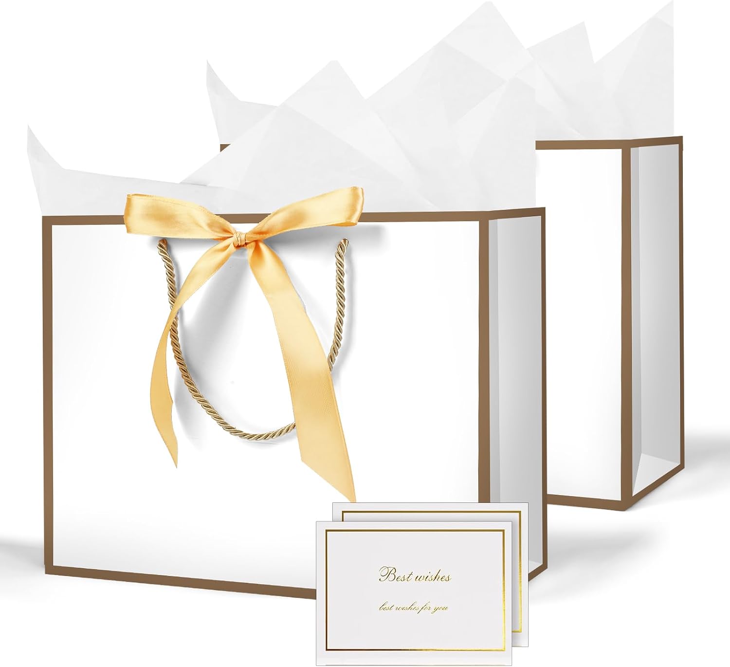 Set Mit 2 Geschenktüten Aus Papier – Weiß Mit Goldrand – Mit Henkel Und Schleife – Für Weihnachten, Hochzeit, Geburtstag – 28 X 20 X 10 Cm