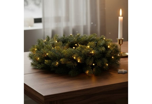 Kunst Tannenkranz 40 Cm Warm Weiß Beleuchtet Für Außen Mit Timer - 49 Led - Adventskranz Halbgebunden Aus Spritzguss Mit Beleuchtung Batteriebetrieben