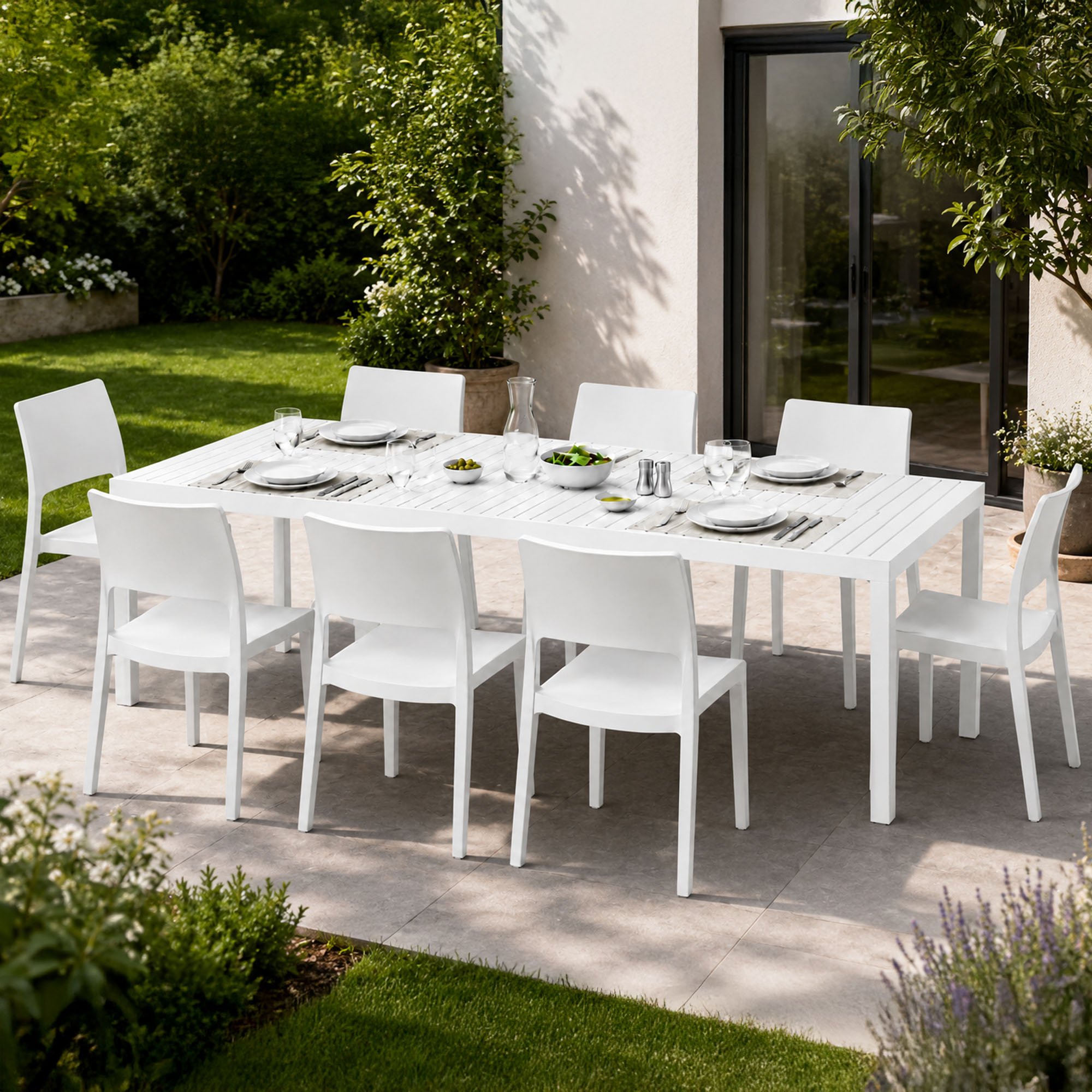 Garten-lounge-set Masibanno, Outdoor-sitzgruppe Für 8, Ausziehbarer Tisch, Made In Italy, Lattenoptik, Weiß