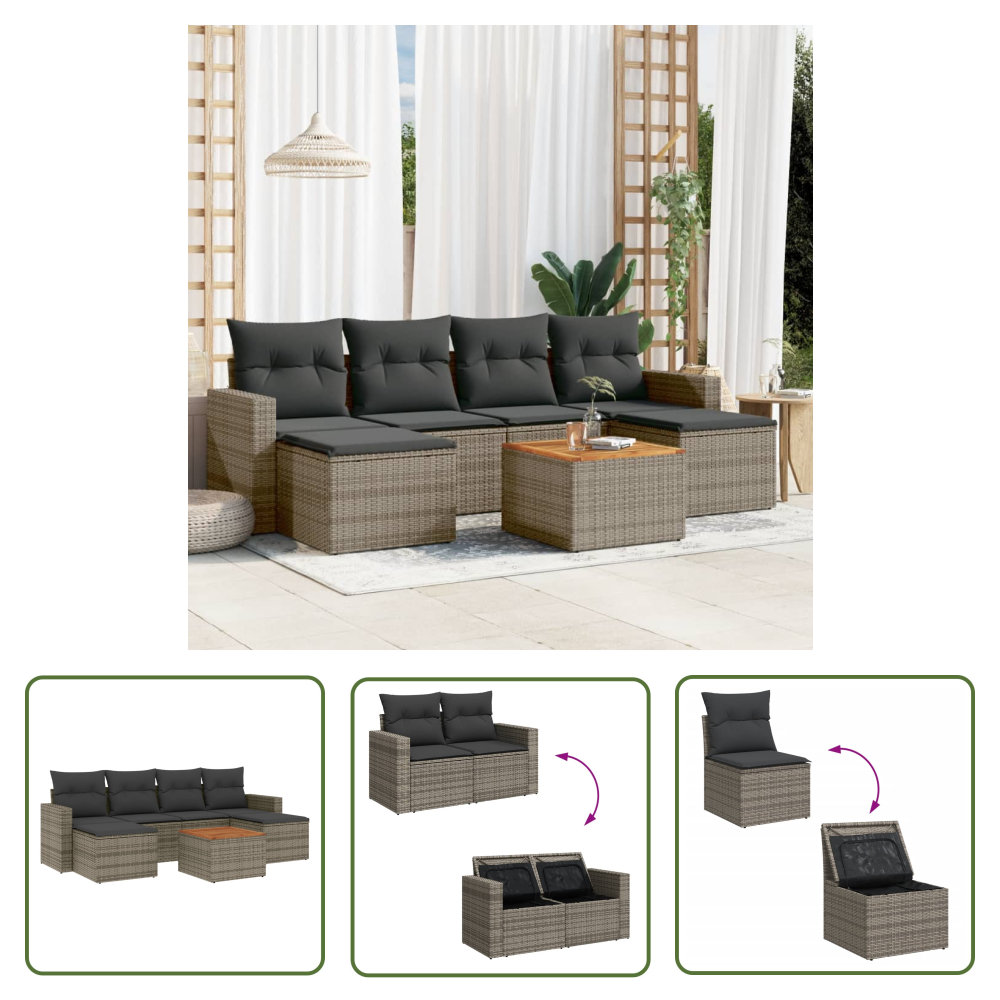 The Living Store 7-tlg. Garten-sofagarnitur Mit Kissen Grau Poly Rattan - Gartenmöbel Set - Outdoor Möbel - Rattan Gartenmöbel - Lounge Set - Esstisch Set