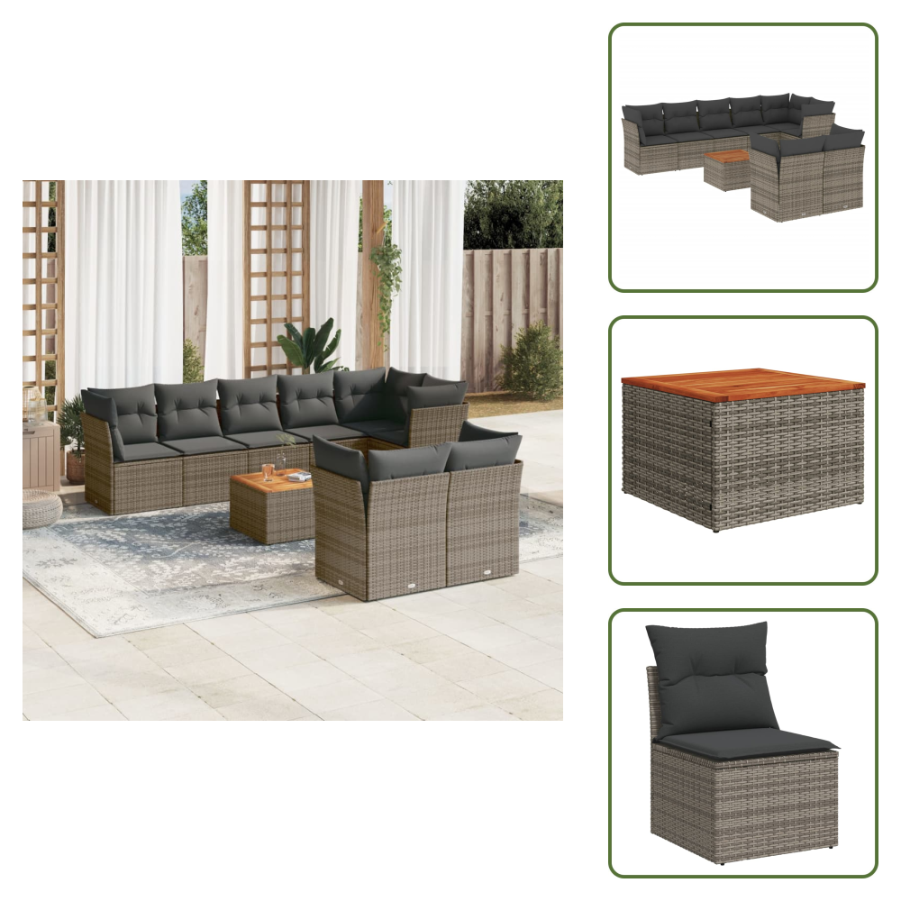 The Living Store 9-tlg. Garten-sofagarnitur Mit Kissen Grau Poly Rattan - Gartenmöbel - Esszimmergarnituren - Lounge Set - Rattan Möbel - Outdoor Sofa
