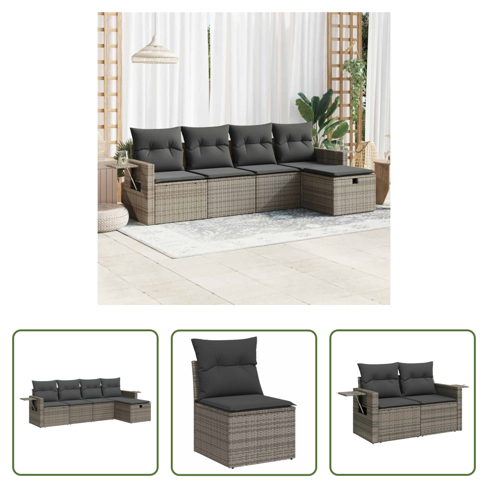 Vidaxl Rattan - 5-tlg. Garten-sofagarnitur Mit Kissen Grau Poly Rattan