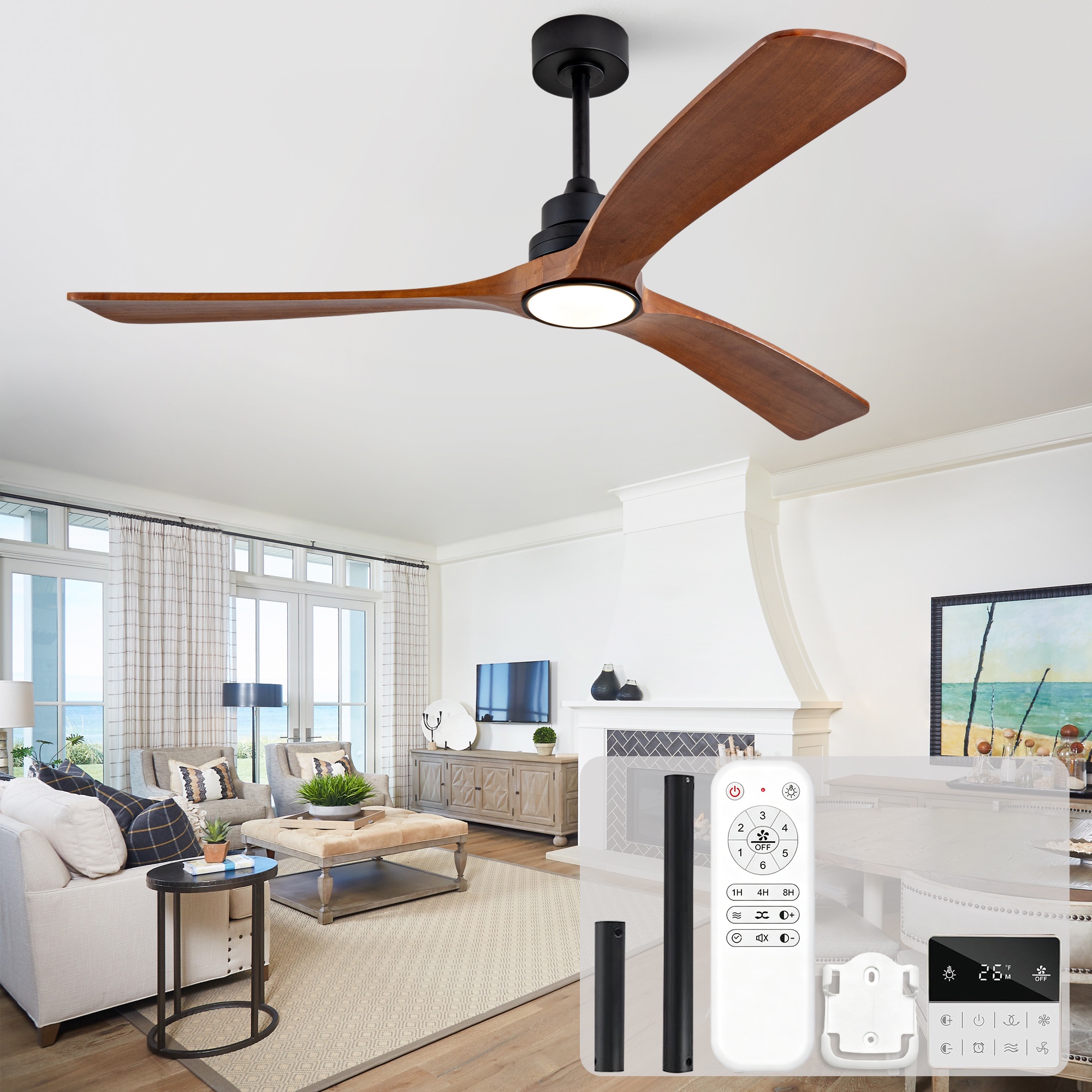 Deckenventilator Mit Beleuchtung, Leise Für Wohnzimmer Und Schlafzimmer Mit Fernbedienung, 3 Massivholzflügel, 151 Cm, 6 Geschwindigkeitsstufen, Dunkelwalnuss